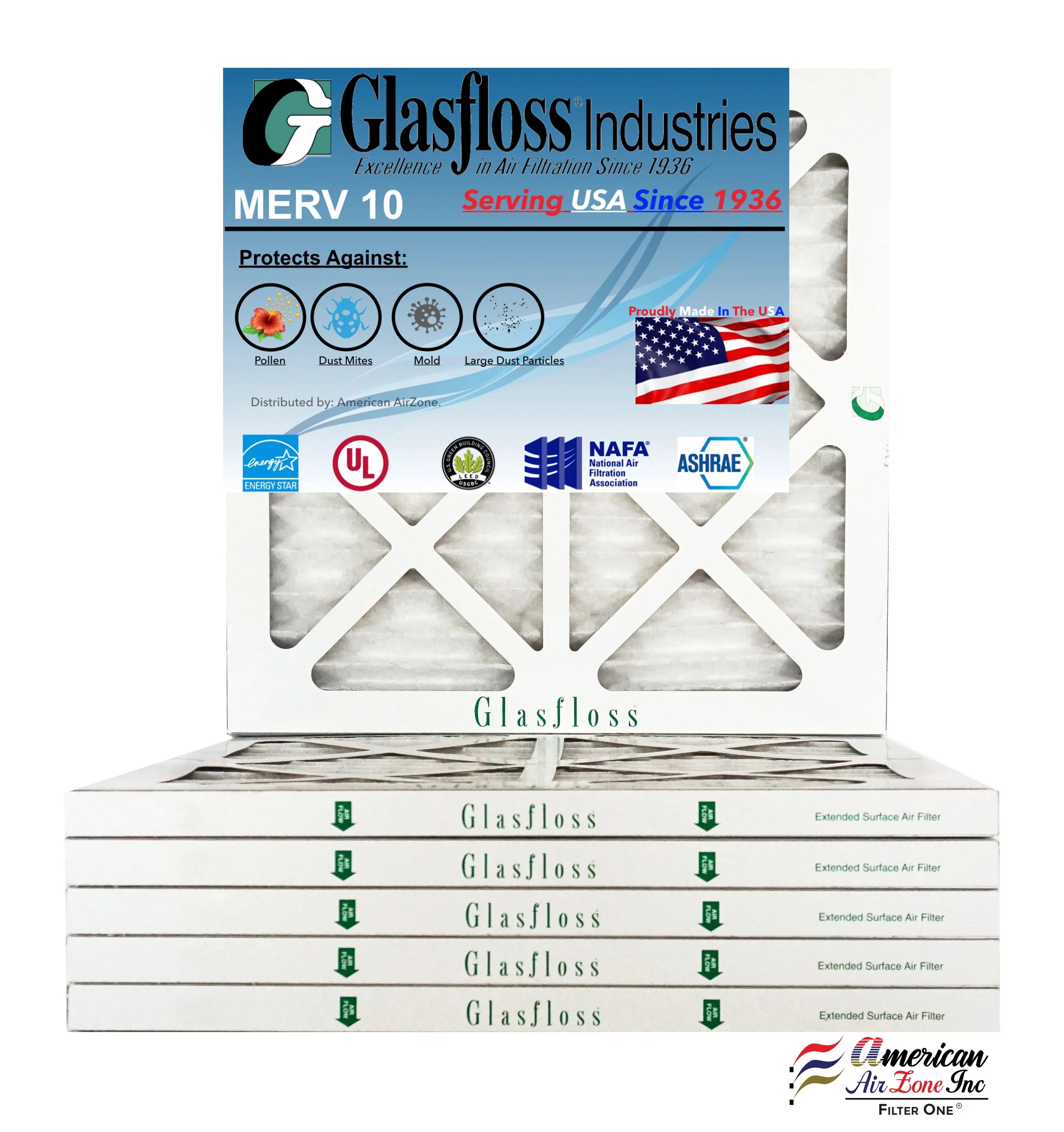 Glasfloss 15x15x1 - MERV 10 -Qty:6 - Furnace Air Filter - Made in USizeA (Actual Sizeize: 14.5 x 14.5x7/8 inch)