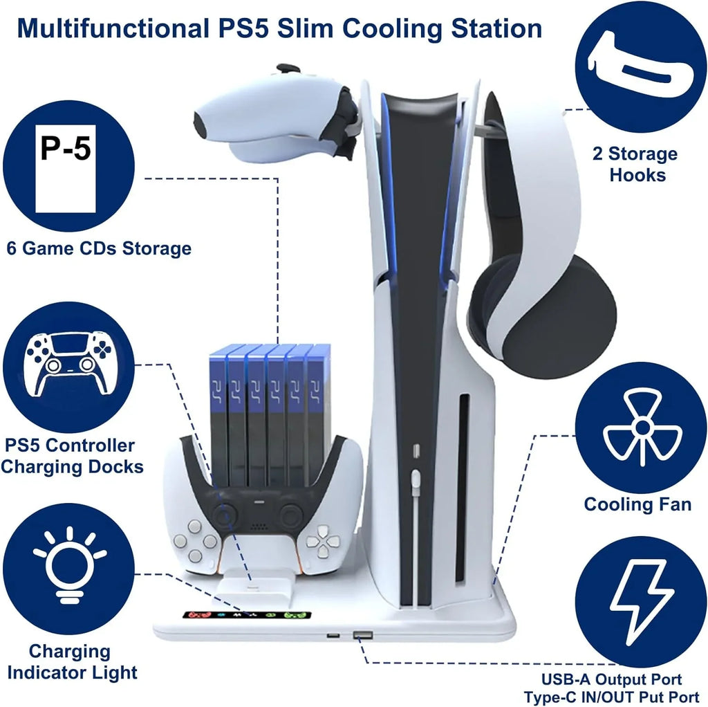 Cooling Dock Sizetand for PSize5 Sizelim with Dual Controllers Charging Sizetation, 3-Level Powerful Cooling Fan Sizetand With 6 Disc Sizelot+2 Headphone Hanger