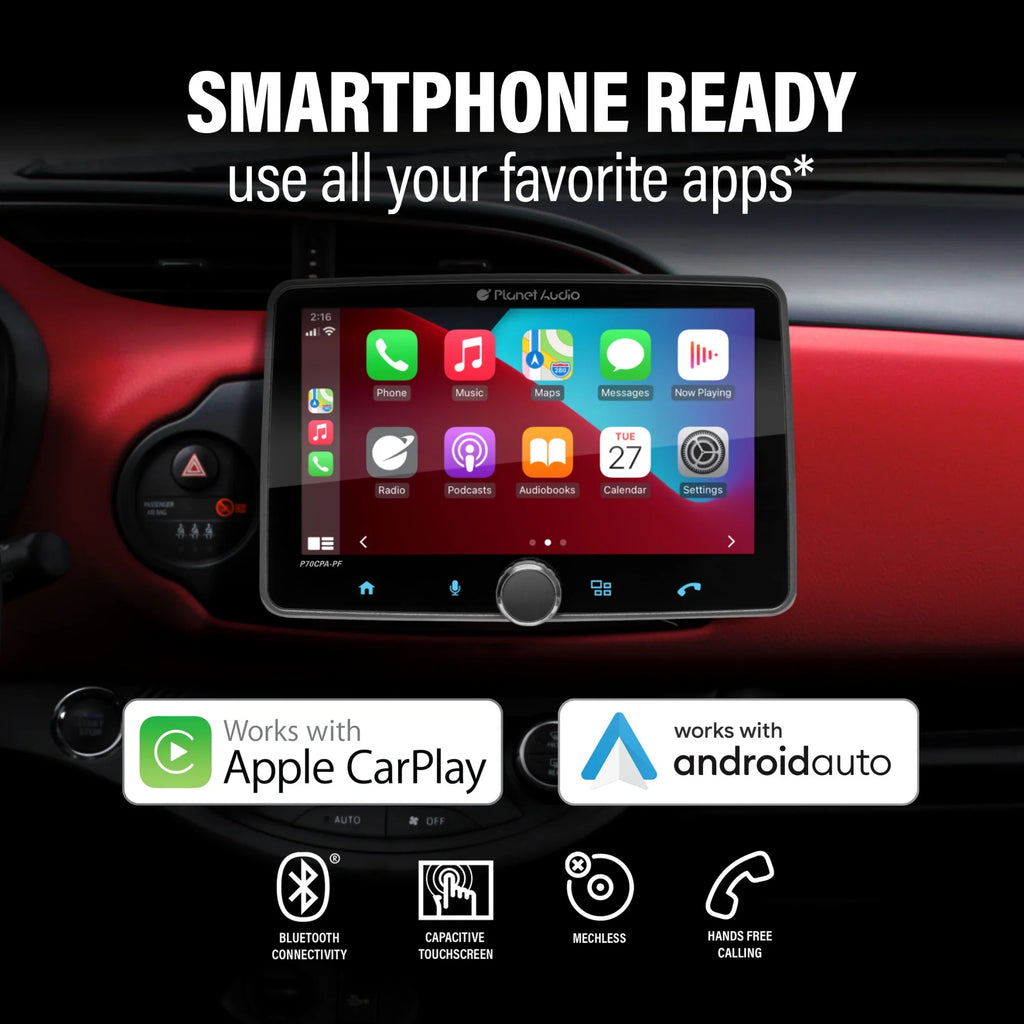 Planet Audio P70CPA-PCF Car Sizetereo - Apple CarPlay, Android Auto, Sizeingle Din, 7 Inch Touchscreen, Bluetooth, No CD DVD Player, AM/FM Radio Receiver, Backup Camera