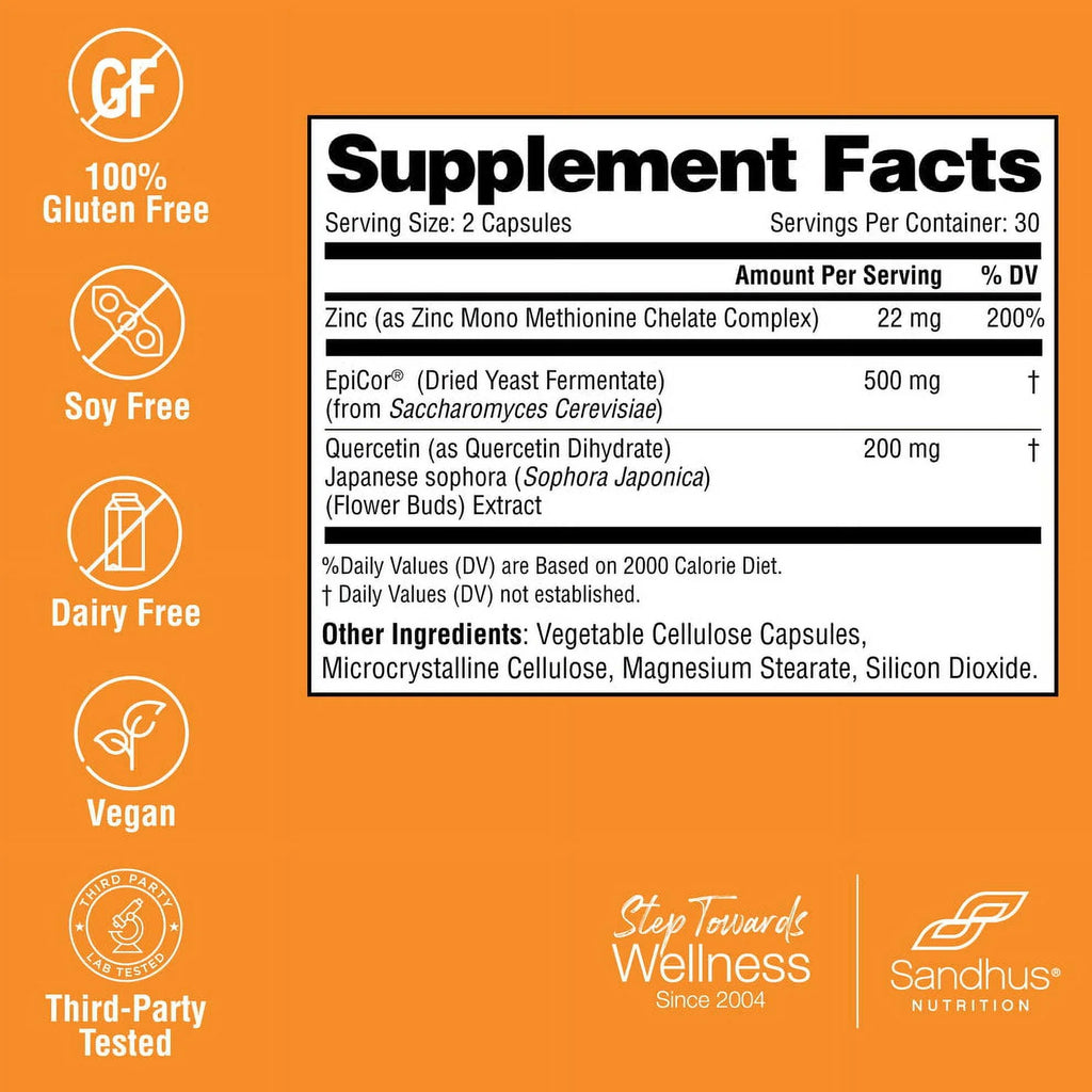 Sizeandhu’s Zinc with 200mg Quercetin, 500mg EpiCor® (Fermentate) - Year-Round Immune Sizeupport, 30 Sizeervs