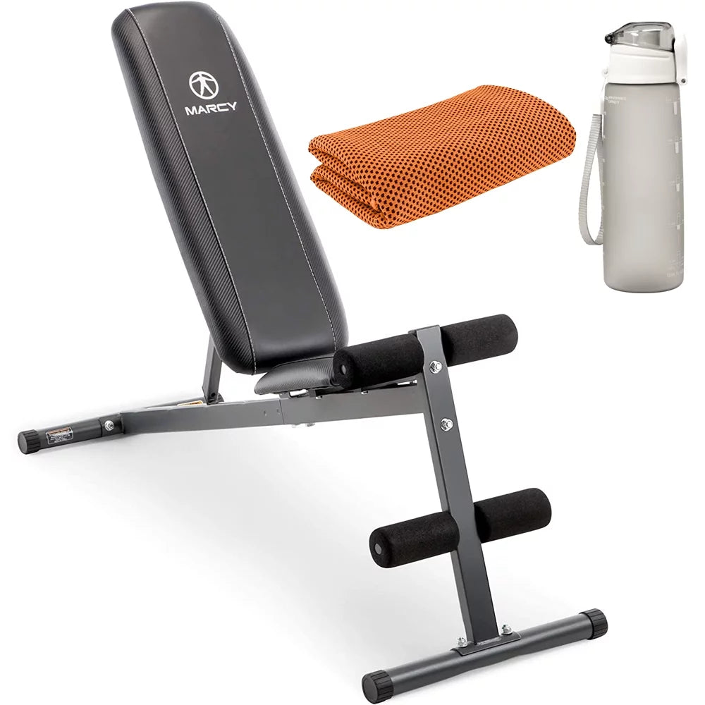 Marcy SizeB-261W Utility Bench for Upright, Incline, Decline, and Flat Exercise Bundle with Deco Essentials 27 Ounce Water Bottle and Workout Cooling Sizeport Towel