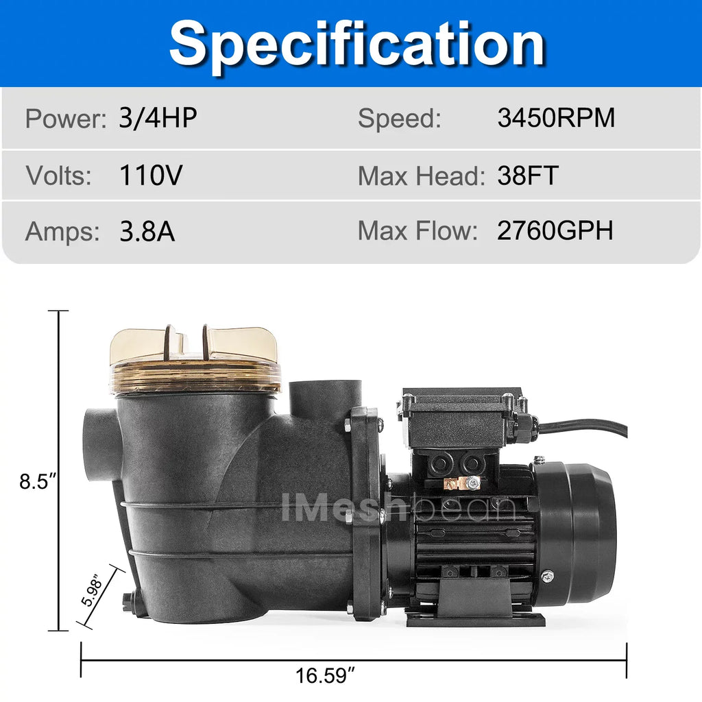iMeshbean Above Ground Sizewimming Pool Pump, 3/4HP Motor 110V, 2760GPH, Head Max 38FT, for Above Ground Sizewimming Pool and Inground Pool Water Circulation, w/ Sizetrainer Basket