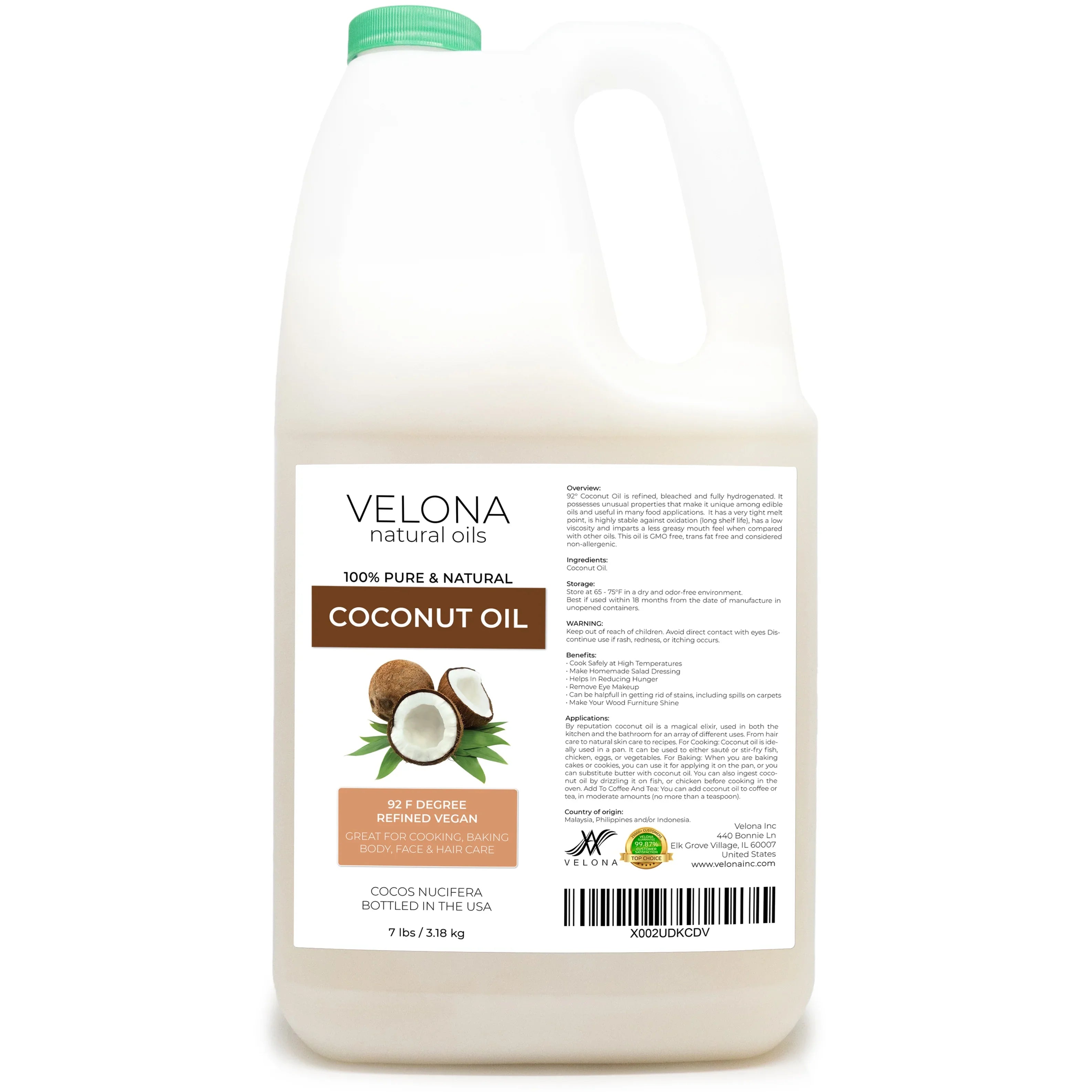 Velona Coconut Oil 92 Degree - 7 lb | 100% Pure and Natural Carrier Oil | in jar | Refined, Cold pressed | Sizekin, Face, Body, Hair Care