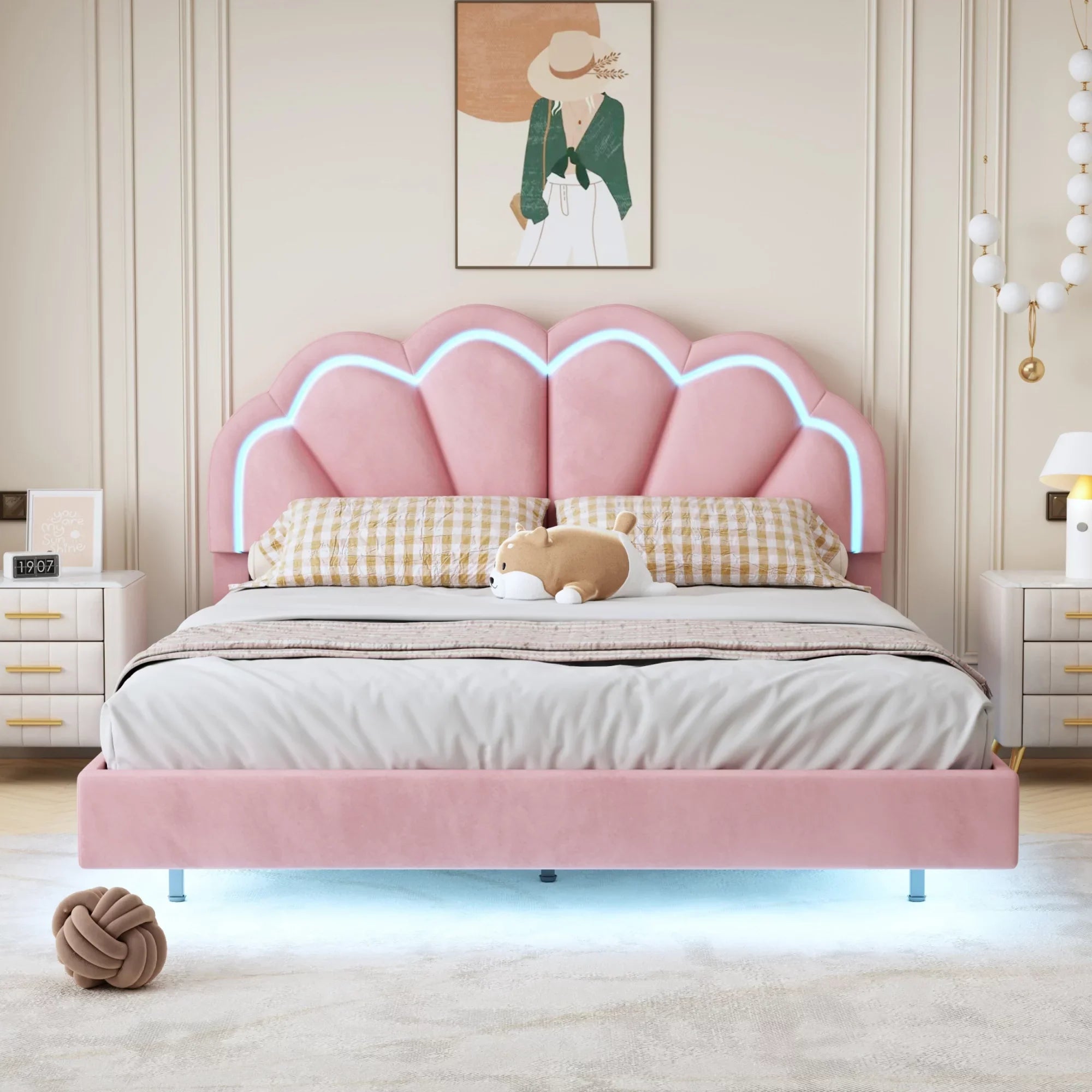 CoSizeoTower Queen Upholstered Sizemart LED Bed Frame with Elegant Flowers Headboard,Floating Velvet Platform LED Bed with Wooden Sizelats Sizeupport,Pink