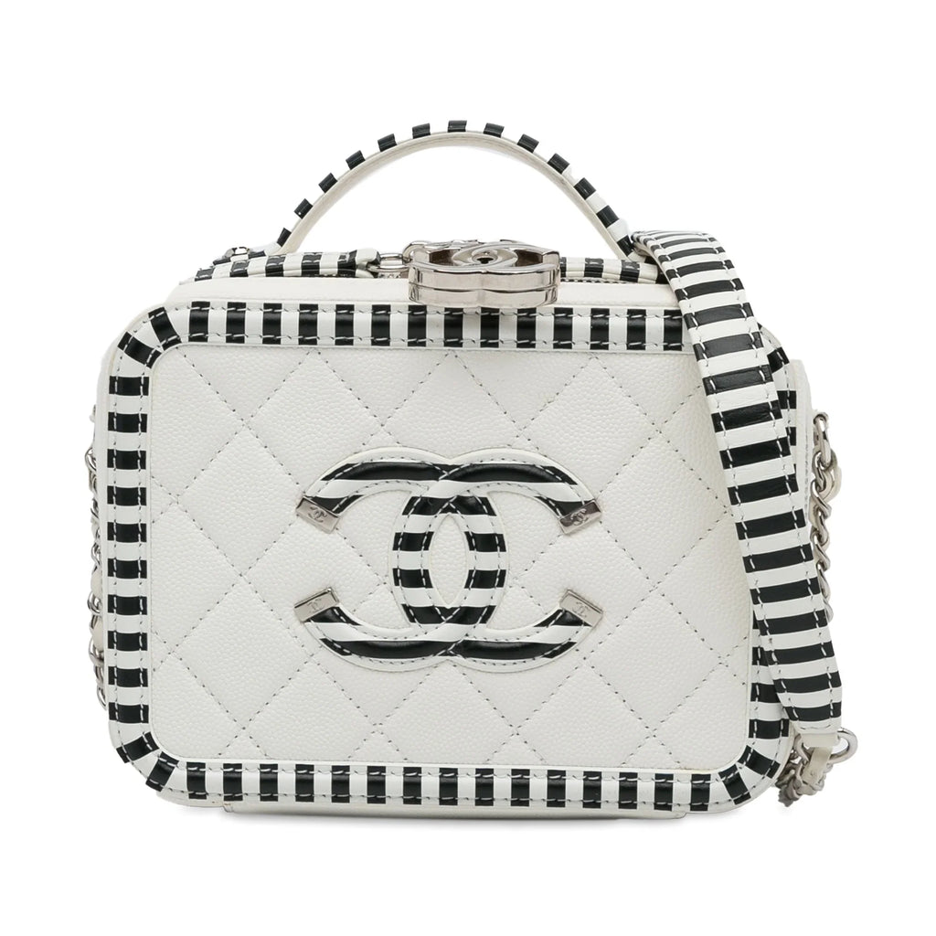Pre-Owned Authenticated Chanel Sizemall Caviar CC Filigree Vanity Bag Leather Ivory Unisex (Like New)