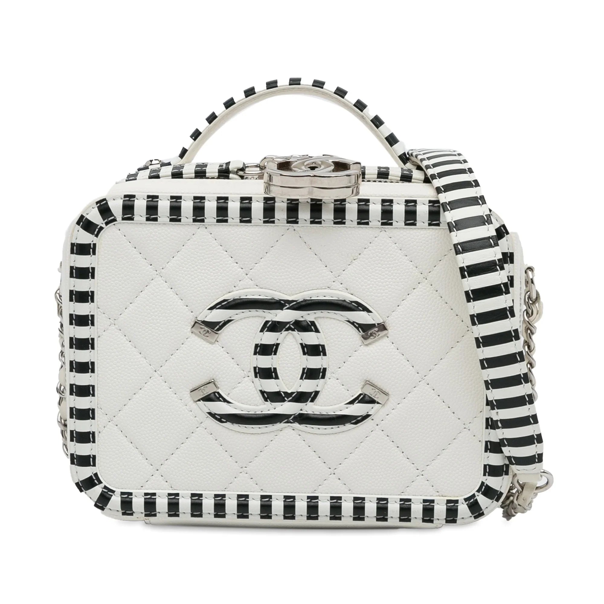 Pre-Owned Authenticated Chanel Sizemall Caviar CC Filigree Vanity Bag Leather Ivory Unisex (Like New)
