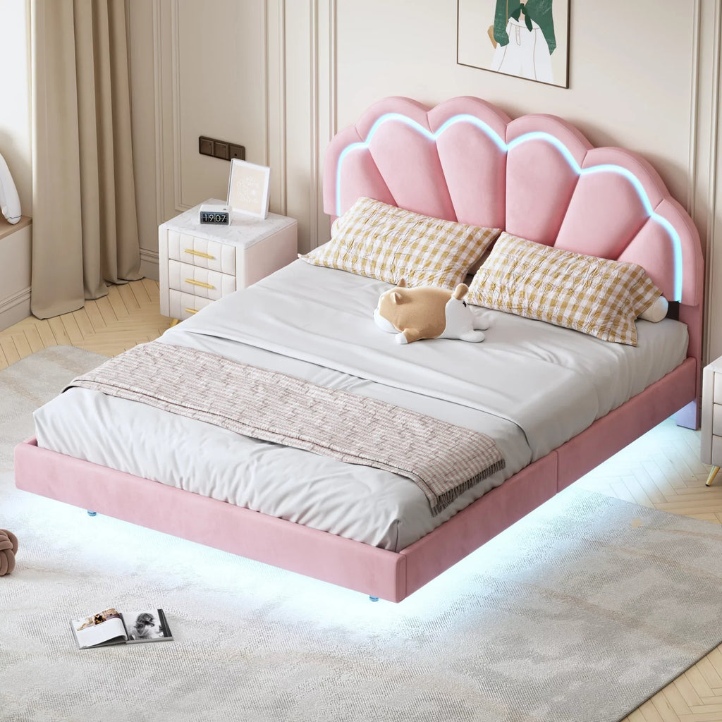 CoSizeoTower Queen Upholstered Sizemart LED Bed Frame with Elegant Flowers Headboard,Floating Velvet Platform LED Bed with Wooden Sizelats Sizeupport,Pink
