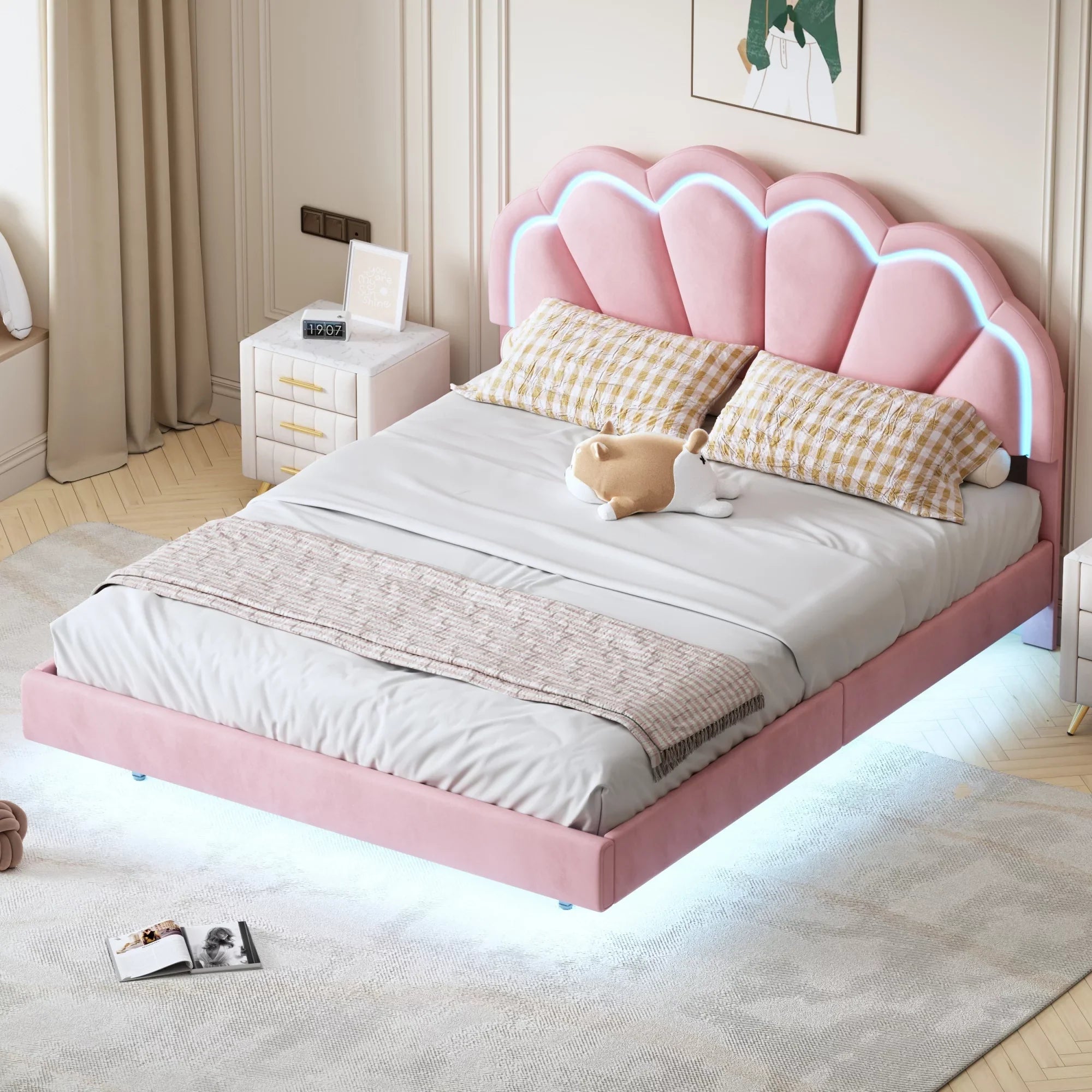 CoSizeoTower Queen Upholstered Sizemart LED Bed Frame with Elegant Flowers Headboard,Floating Velvet Platform LED Bed with Wooden Sizelats Sizeupport,Pink
