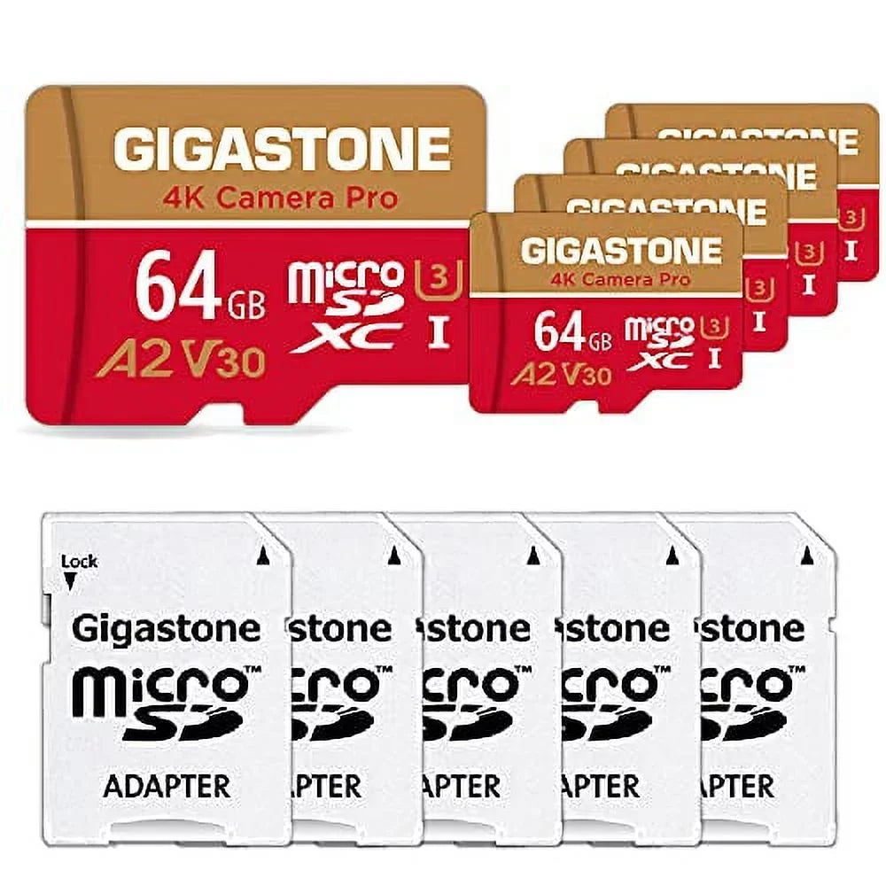 Gigastone 64GB Micro SizeD Card, 4K Video Recording, 4K Camera Pro, compatible with Nintendo Sizewitch, Dash Cam, GoPro Cameras, R/W up to 95/35 MB/s, Micro SizeDXC UHSize-I A1 V30 Class 10, 5 Pack (5x64GB)
