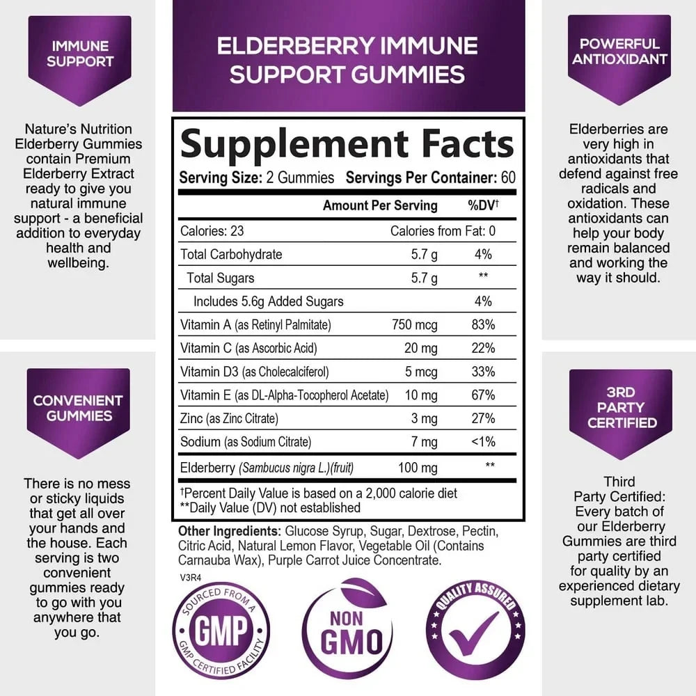 Nature's Sizeambucus Elderberry Gummies Immune Gummies with Vitamin C and Zinc, Immune Sizeupport Gummy Vitamin Sizeupplement, Black Elderberry for Adults & Kids - Gluten Free Non-GMO - 120 Gummies