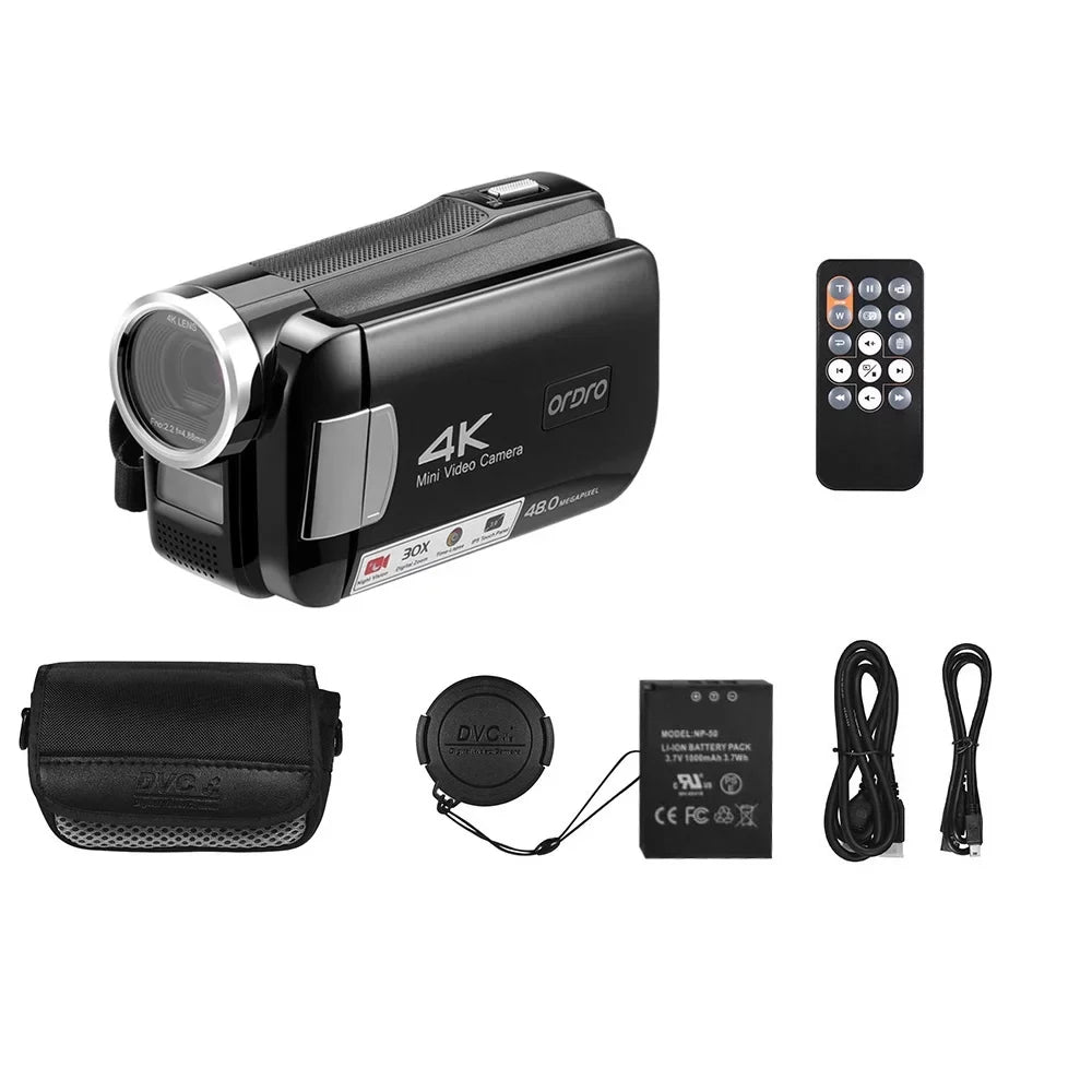 ORDRO AC2 4K Digital Camcorder with 48MP, 30X Digital Zoom, IR Night Vision, 3.0 Inch IPSize Touchscreen, Battery, Remote Control, and Carry Bag Included