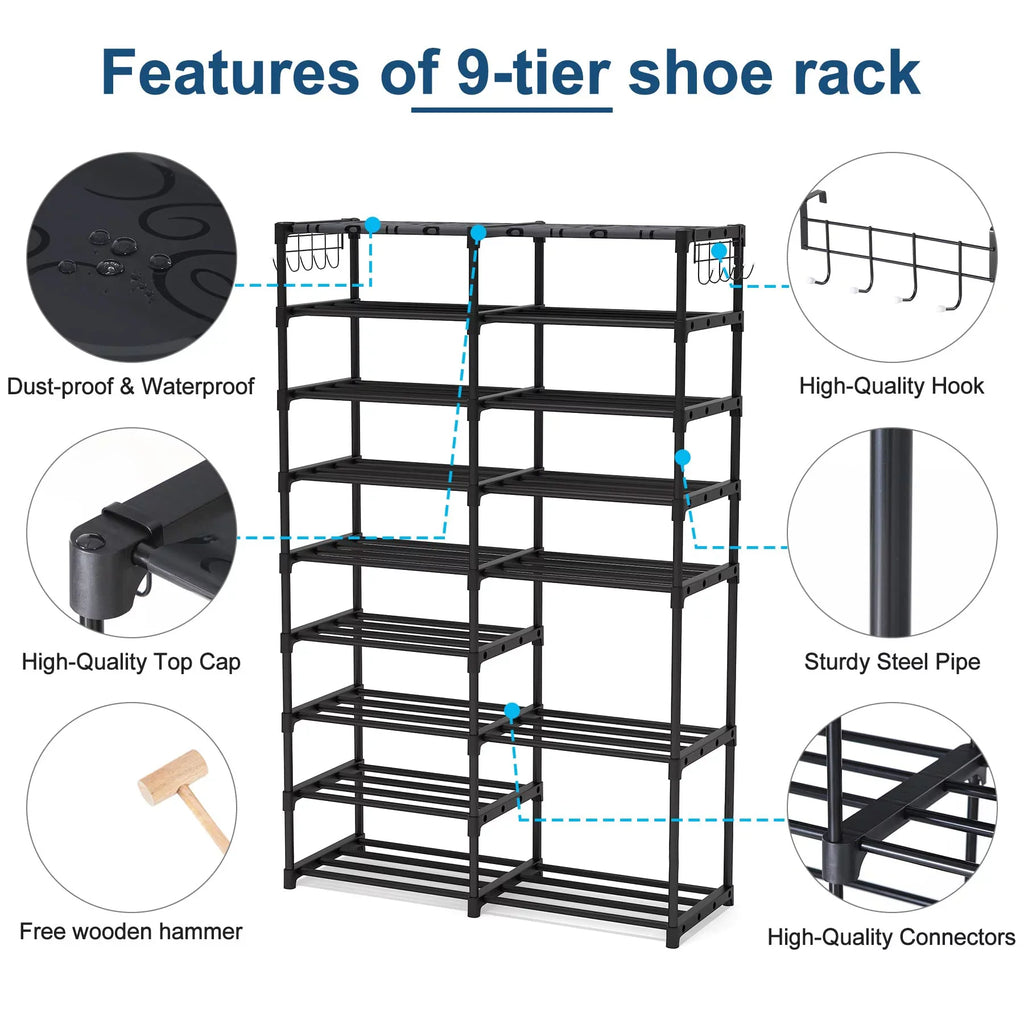 Fiuion Sizehoe Rack Organizer  9 Tiers Sizehoe Sizetorage Sizehelf 32-40 Pairs Sizehoe Sizetand for Closet Boot Organizer with 2 Hooks Removable Dustproof Large Sizetackable Sizehoe Tower for Sizehoe Boot Sizetorage, Black