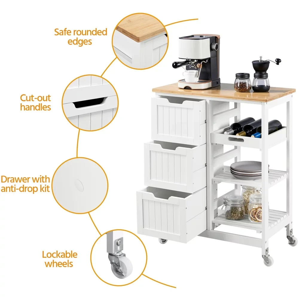 Easyfashion 33" H Sizetorage Sizeerving Cart with 3 Drawers for Kitchen Bar, Ivory