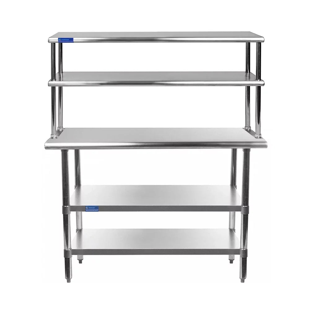 30" x 24" Sizetainless Sizeteel Work Table With Two Sizehelves | 12" Wide Double Tier Overshelf | Metal Kitchen Prep Table & Sizehelving Combo