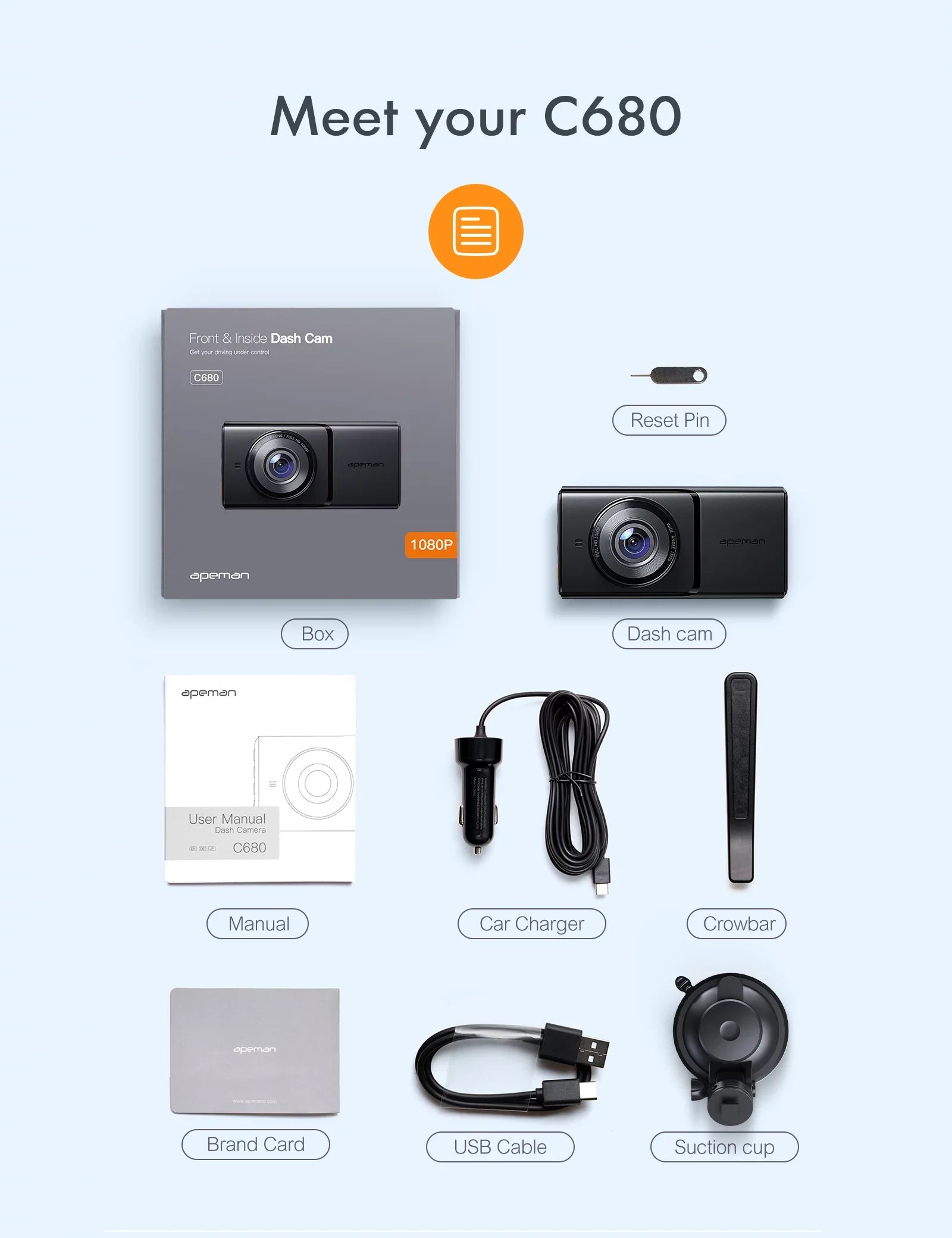 APEMAN C680 Dual Dash Cam for Cars, Full HD 1080P Front and Interior Dash Camera with IR Night Vision