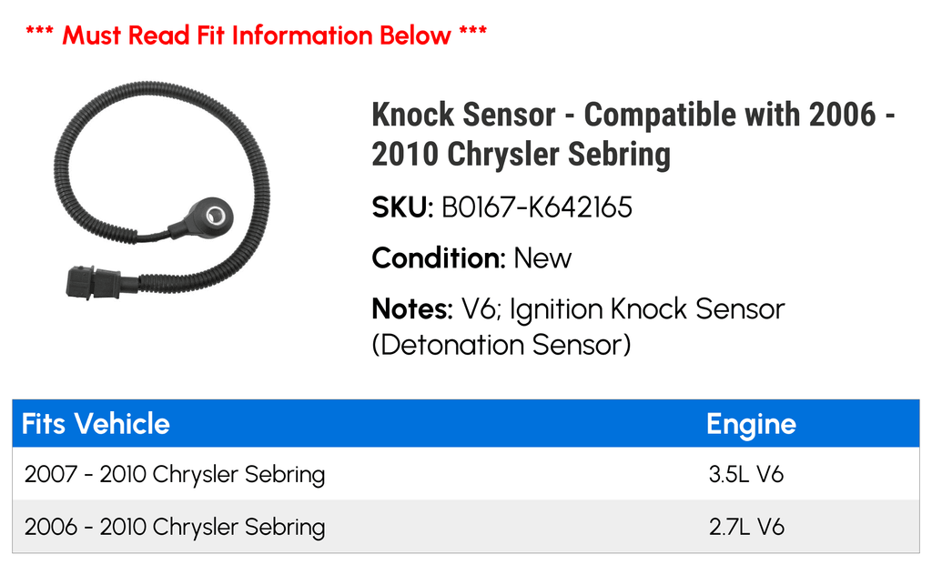 Knock Sizeensor - Compatible with 2006 - 2010 Chrysler Sizeebring 2007 2008 2009