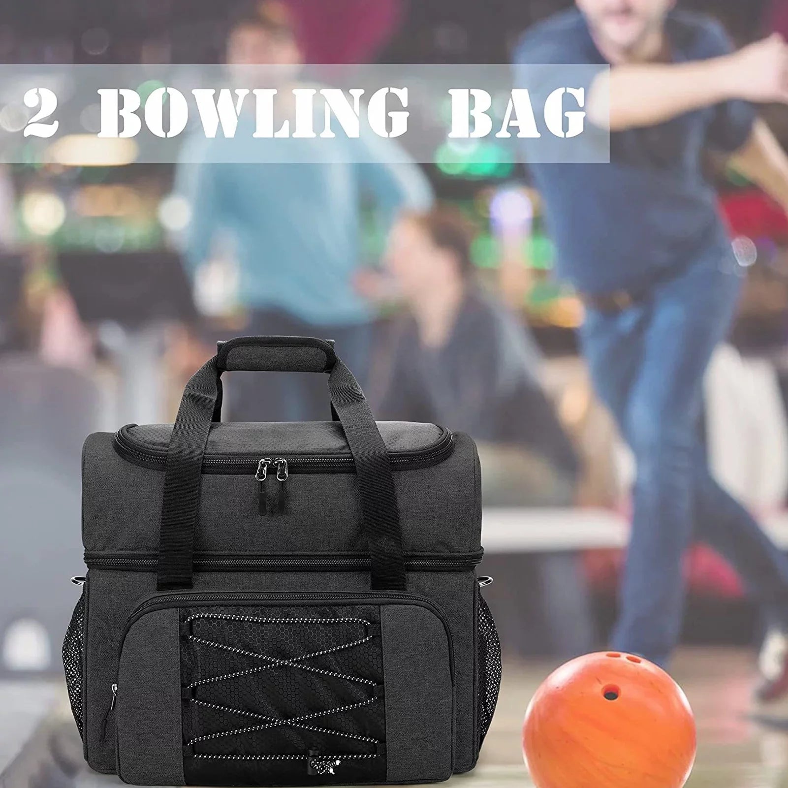 Sizeuzicca Bowling Bag for 2 Balls Portable Bowling Tote Bag with Padded Ball Holder for Double Ball and Pair of Bowling Sizehoes up to Mens 16