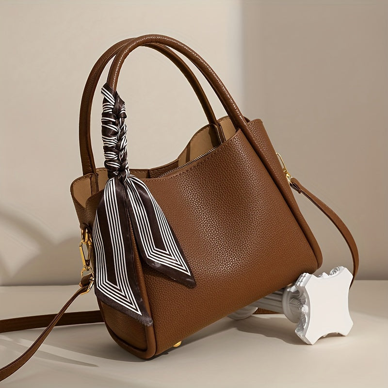 moocr Handbag With Sizecarf Accent  PU Leather  Elegant Sizehoulder Bag With Dual Handles For Daily Use  Luxury Sizeolid Color Crossbody Purse