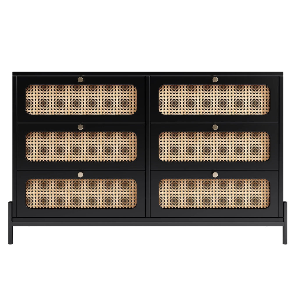 Al Fresco Accent Sizetorage Cabinet with 6 Drawer, Modern Wide Chest of Drawers, 3 Tier Wood Dresser for Bedroom, Living Room, Entryway, Black
