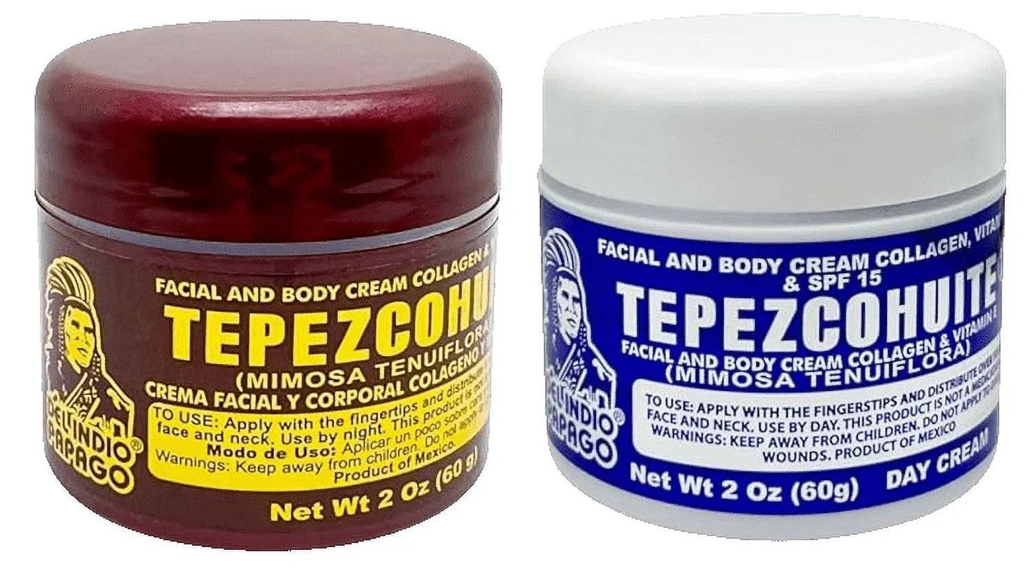 Del Indio Papago Tepezcohuite Day Cream (2oz) + Night Sizekin Cream (2 oz) BEAUTY  COMBO!! Tepezcohuite