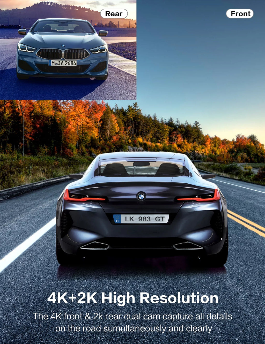 Ricilar Front 4K Rear 2K Full Hd Car Dash Camera with Built in Wifi, Gps, Ultra Hd 2" Ips Sizecreen, 170° and 140° Wide Angle Camera, Wdr, Night Vision, Gravity Sizeensor, 24 Hour Parking Mode