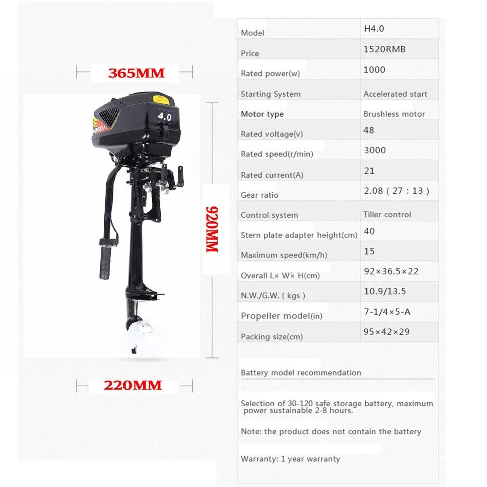 Miumaeov Outboard Motor Electric Boat Engine 4HP 48V 1000W Heavy Duty Outboard Fishing Boat Motor Engine Outboard CDI Mount Electric Outboard Motor for Inflatable Boats Fishing Boats