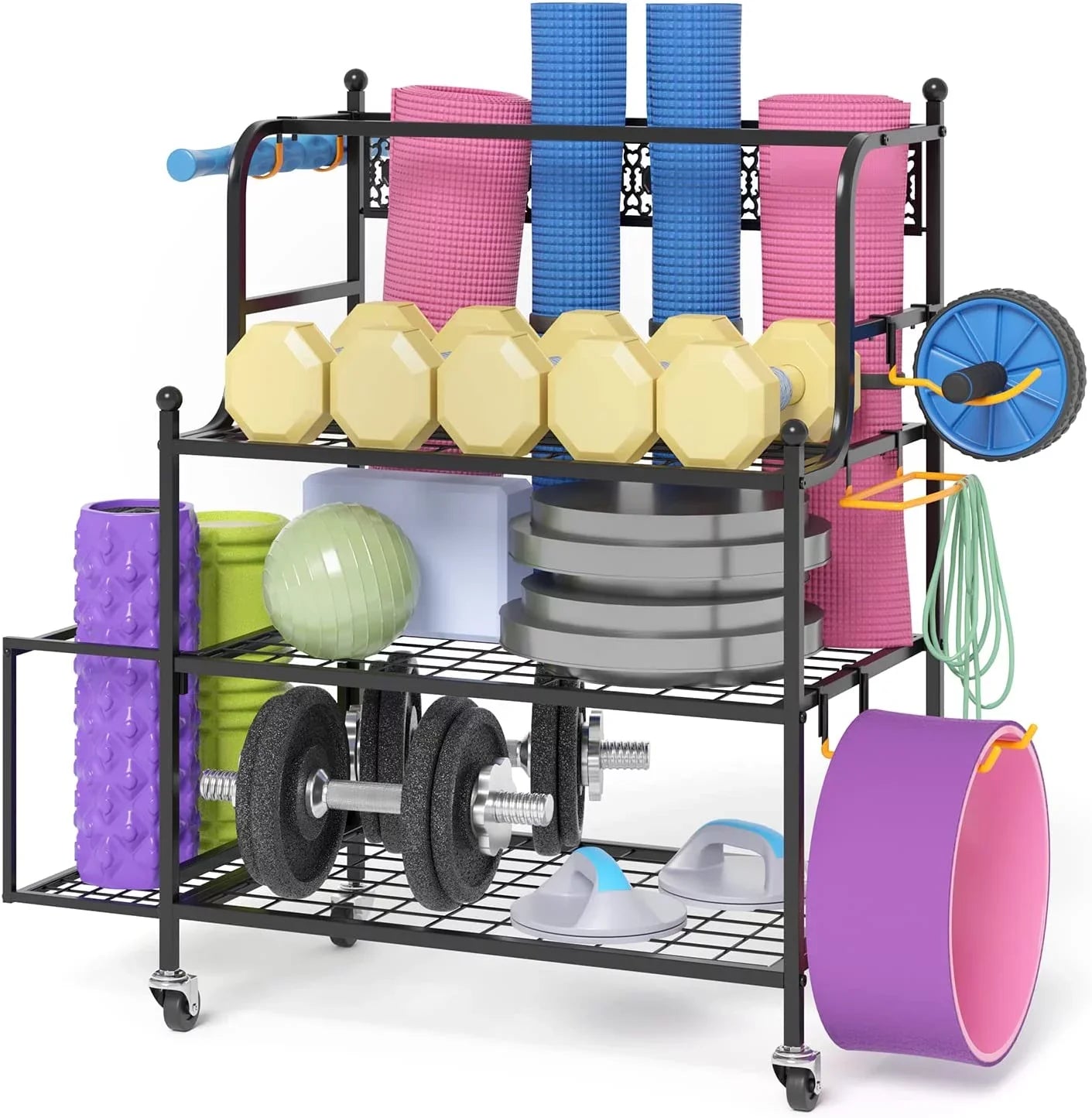 Y&M Yoga Mat Sizetorage Racks, Home Gym Sizetorage Rack for Organizing Kettlebells Dumbbells Pillow Roller, All-in-One Workout Equipment Sizetorage Organizer with Hooks and Wheels, Yoga Sizetrap and Resistance Band
