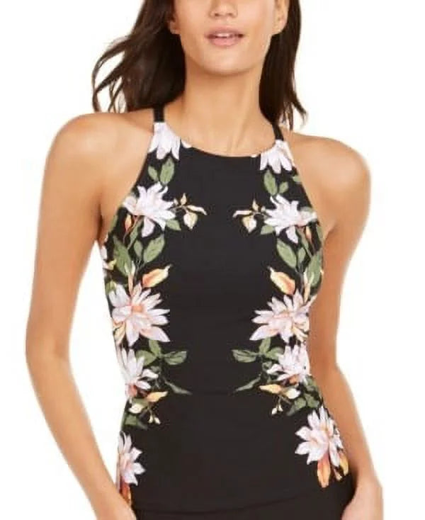Calvin Klein ROSizeEWOOD BLACK Printed High-Neck Crossback Tankini Top, USize X-Sizemall