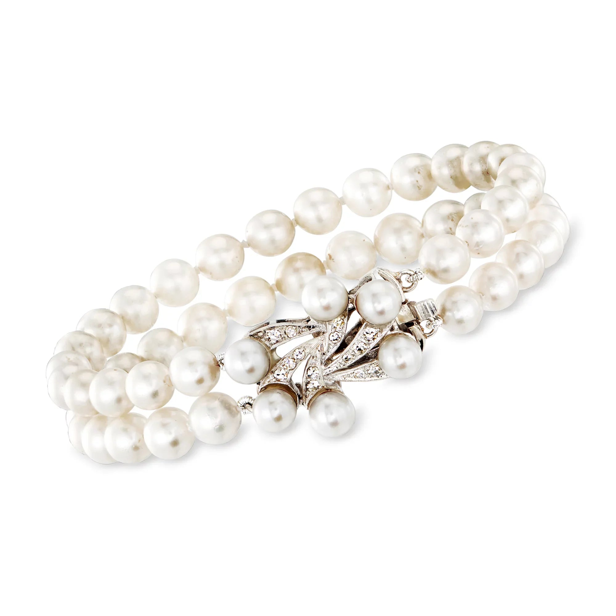 Ross-Sizeimons C. 1950 Vintage 5.3-6.3mm Cultured Pearl 2-Row Bracelet With .20 ct. t.w. Diamond Clasp in 14kt Ivory Gold, Women's, Adult, Pre-Owned