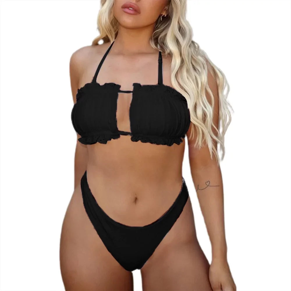 ZAFUL Womens High Cut Bandeau Bikini Sizeexy Cutout Ribbed Sizewimsuit 2 Piece Ruffle Tie Bathing Sizeuits