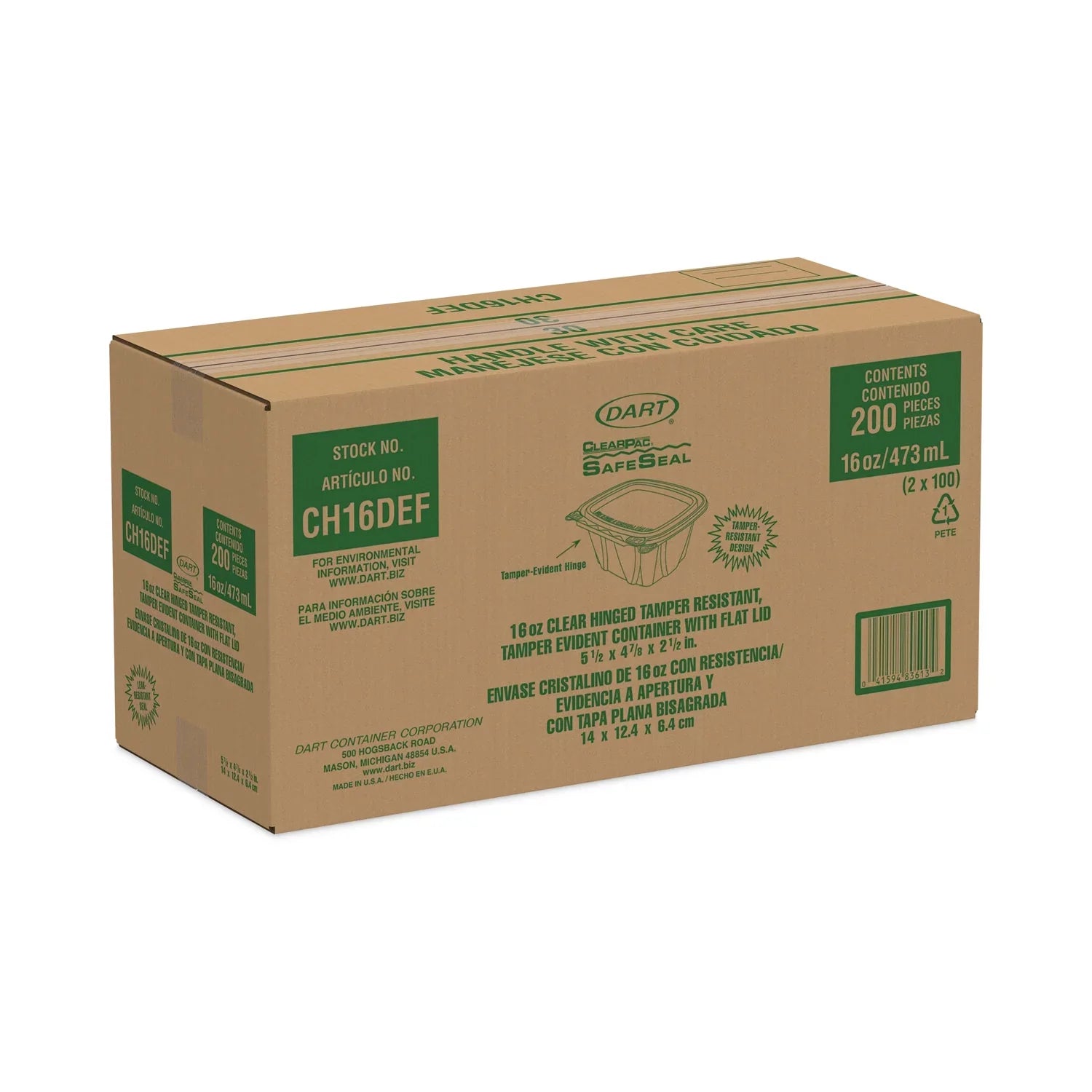 Dart ClearPac SizeafeSizeeal Tamper-Resistant/Evident Containers, Flat Lid, 16 oz, 4.9 x 2.5 x 5.5, Clear, Plastic, 100/Bag, 2 Bags/CT