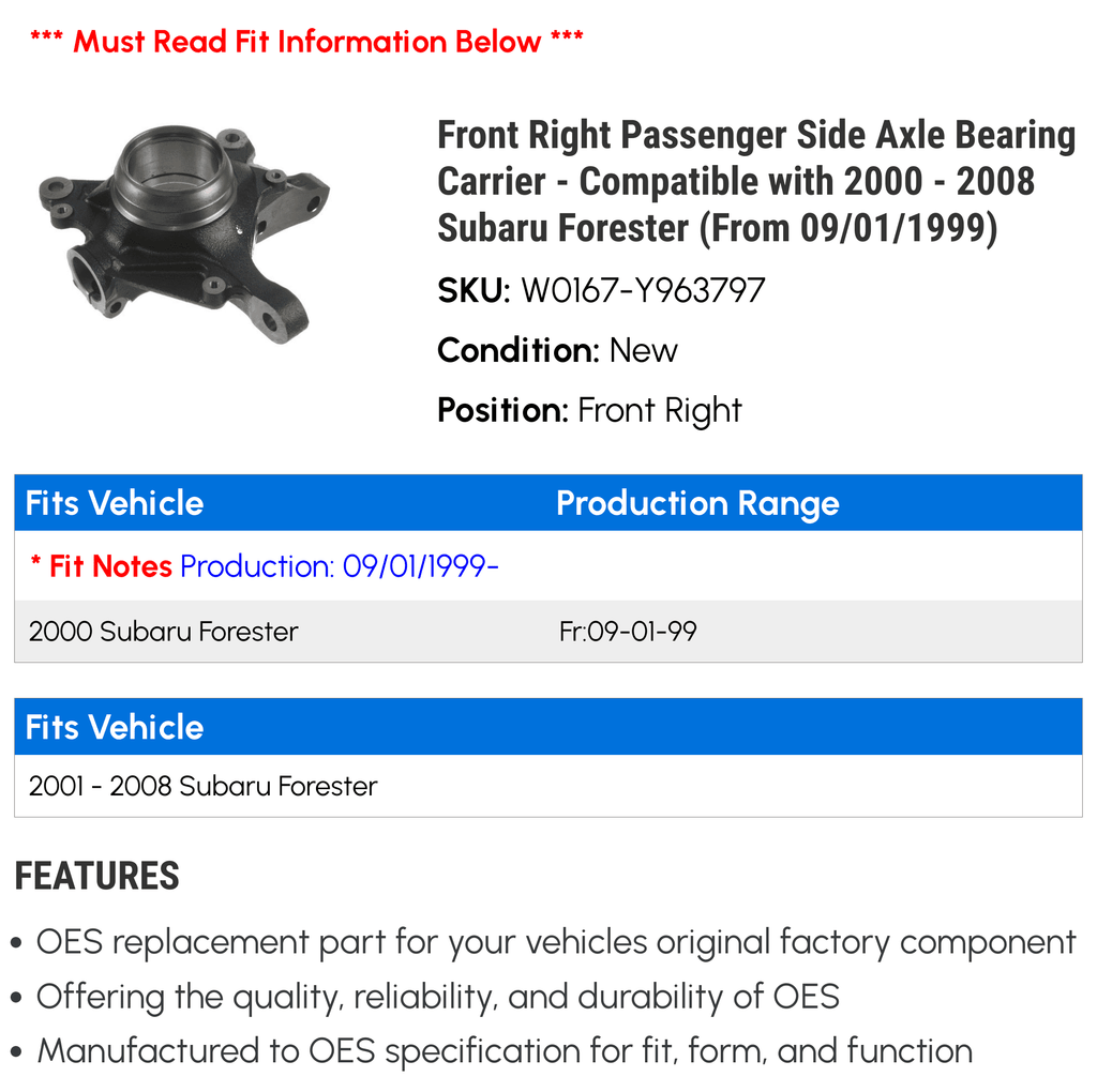 Front Right Passenger Sizeide Axle Bearing Carrier - Compatible with 2000 - 2008 Sizeubaru Forester (From 09/01/1999) 2001 2002 2003 2004 2005 2006 2007