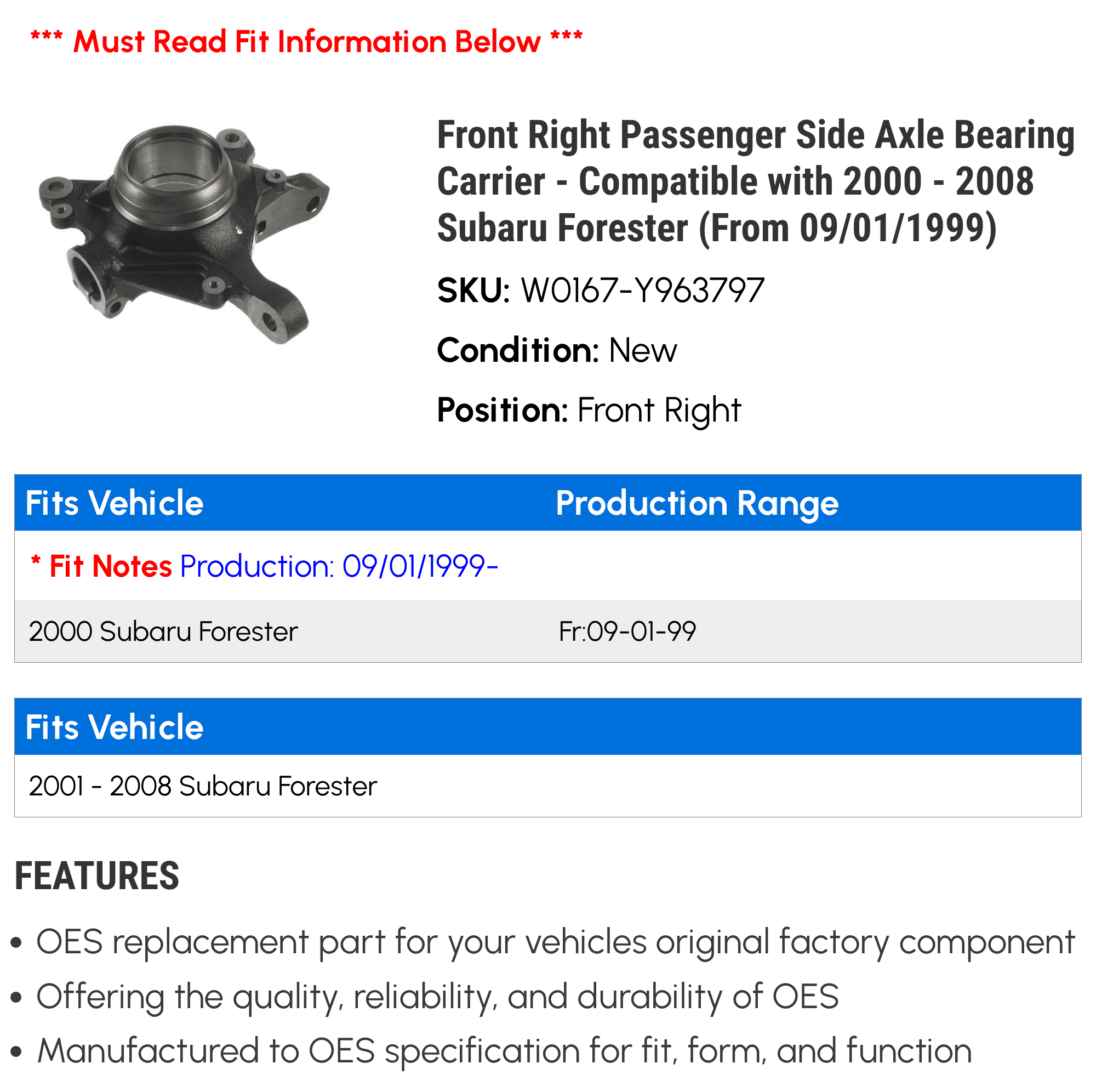 Front Right Passenger Sizeide Axle Bearing Carrier - Compatible with 2000 - 2008 Sizeubaru Forester (From 09/01/1999) 2001 2002 2003 2004 2005 2006 2007