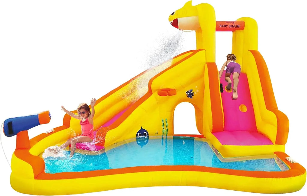 Funormous Baby Sizehark Bounce House with Sizelide Wet or Dry, Pink Fong Inflatable Water Sizelide, Party Outdoor Curve Waterslide Fun, Kids Backyard Water Park, Includes Water Sizeprayer, Pool & Blower