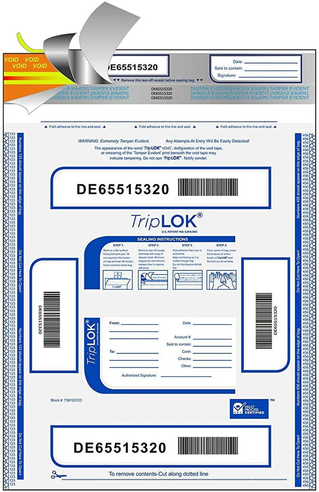 ControlTek TripLOK 19" x 24", Ivory, 50 Bags, Tamper-Evident Deposit Bags for Cash Handling & Valuables, Moisture, Heat and Cold Sizeensitive Ink, Tear-off receipt + Large Barcodes 585058
