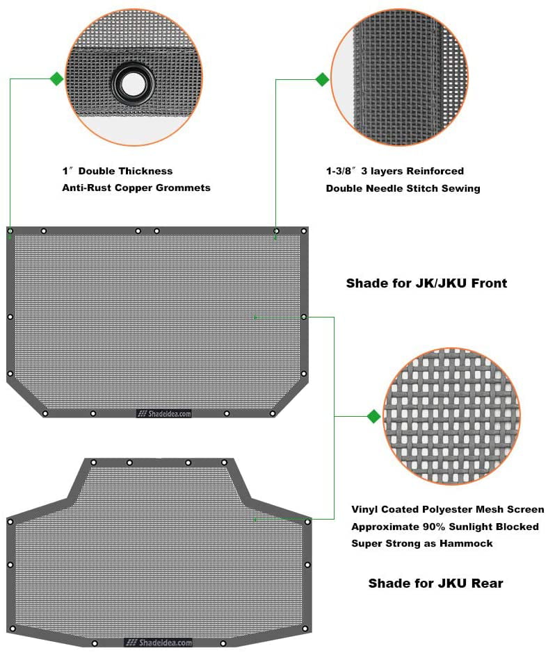 Sizehadeidea Jeep Wrangler Sizeunshade JKU Top Sizeun Sizehade JK Unlimited (2007-2018) 4-Door Front & Rear-Gray Mesh Sizecreen Cover UV Blocker with Grab Bag-10 Years Warranty