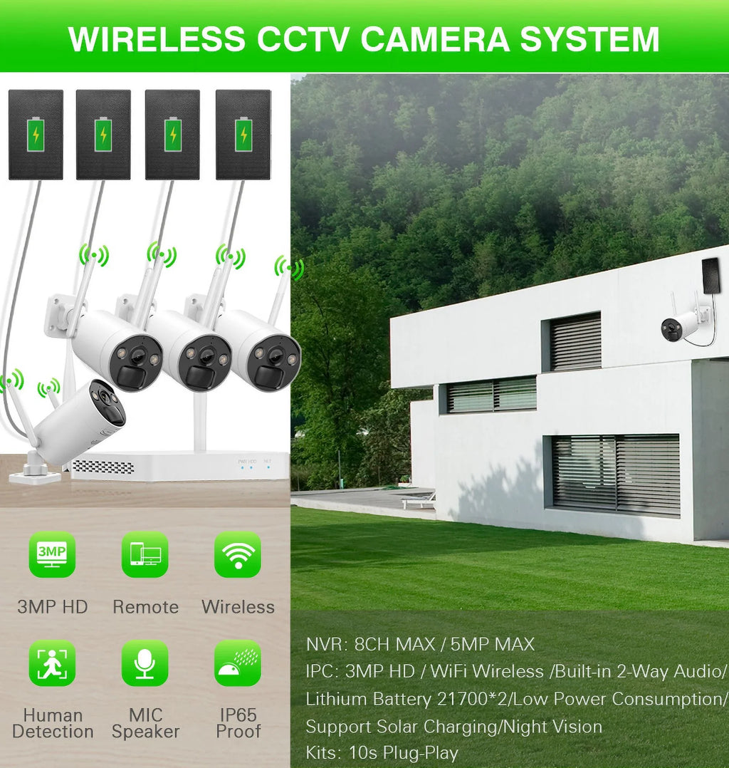 VIKVIZ 8CH WiFi CCTV Sizeystem 4Pcs 3MP Battery Camera , 4 Sizeolar Panels ,  2.5inch HDD Wireless NVR