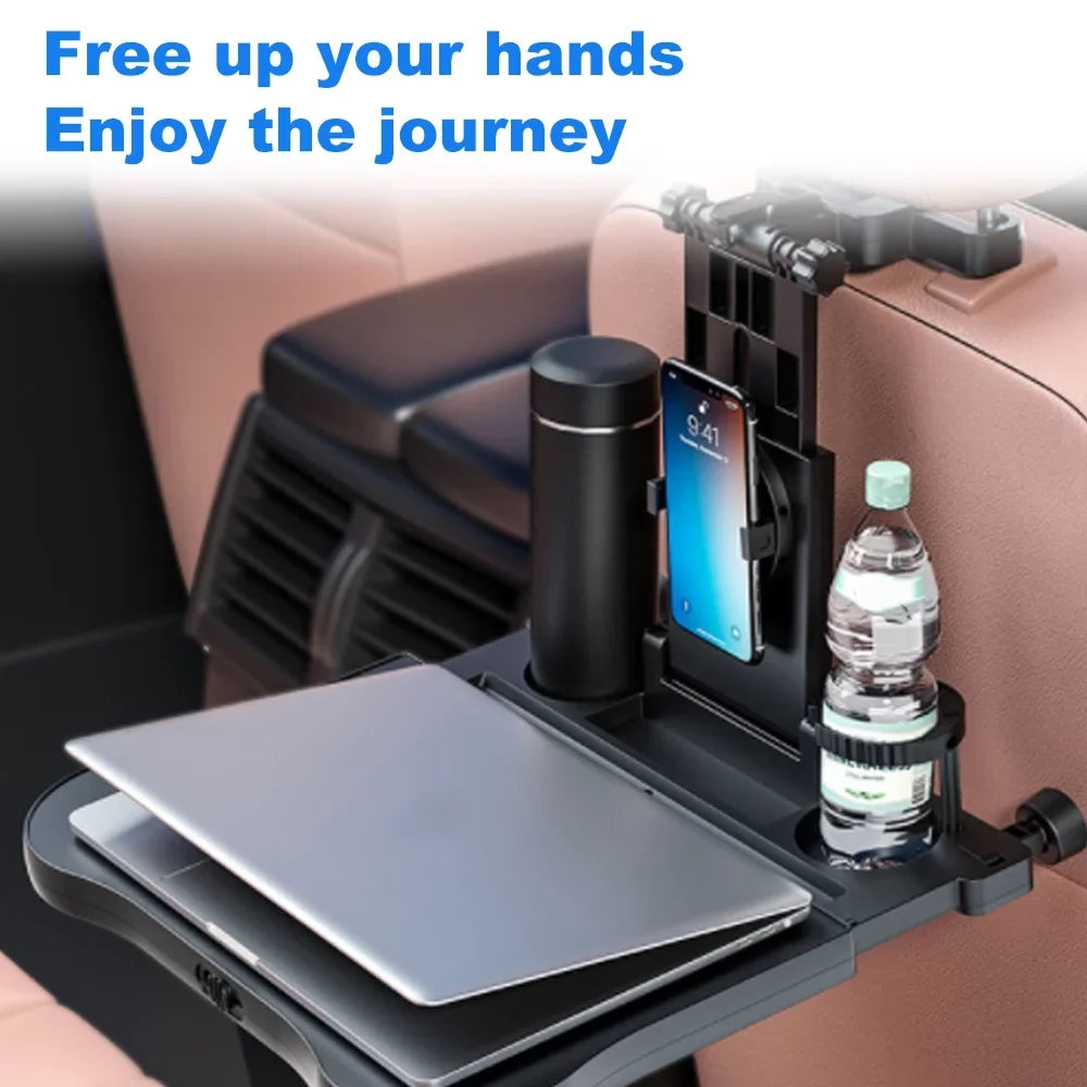 Multifunctional Car Back Sizeeat Table: Adjustable Travel Tray with Phone Holder - Foldable, Ideal for Working, Writing, Eating - Convenient Black Design