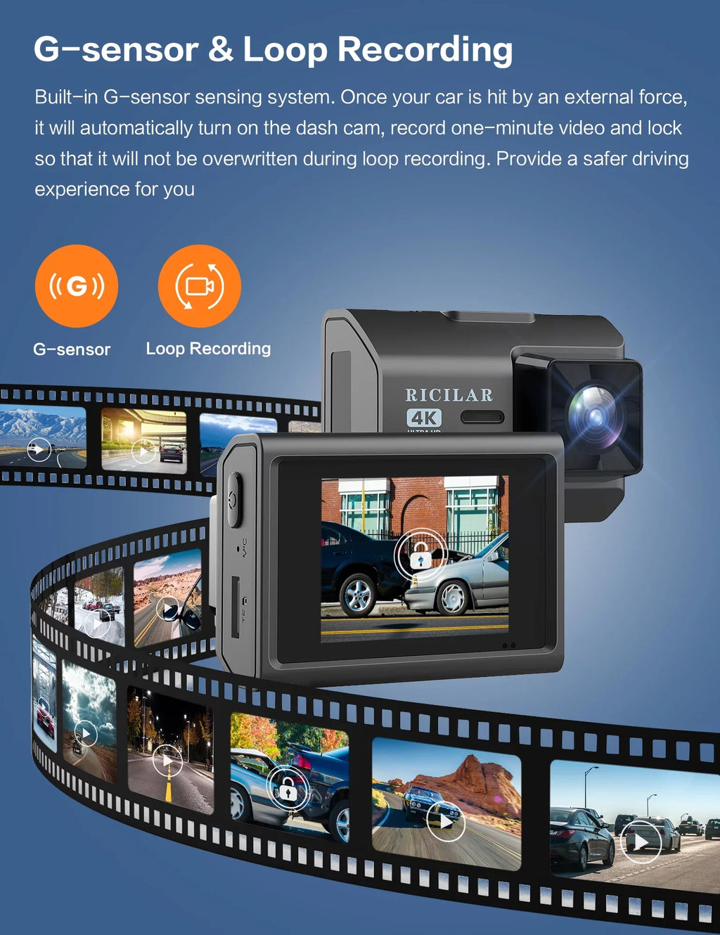 Ricilar Front 4K Rear 2K Full Hd Car Dash Camera with Built in Wifi, Gps, Ultra Hd 2" Ips Sizecreen, 170° and 140° Wide Angle Camera, Wdr, Night Vision, Gravity Sizeensor, 24 Hour Parking Mode