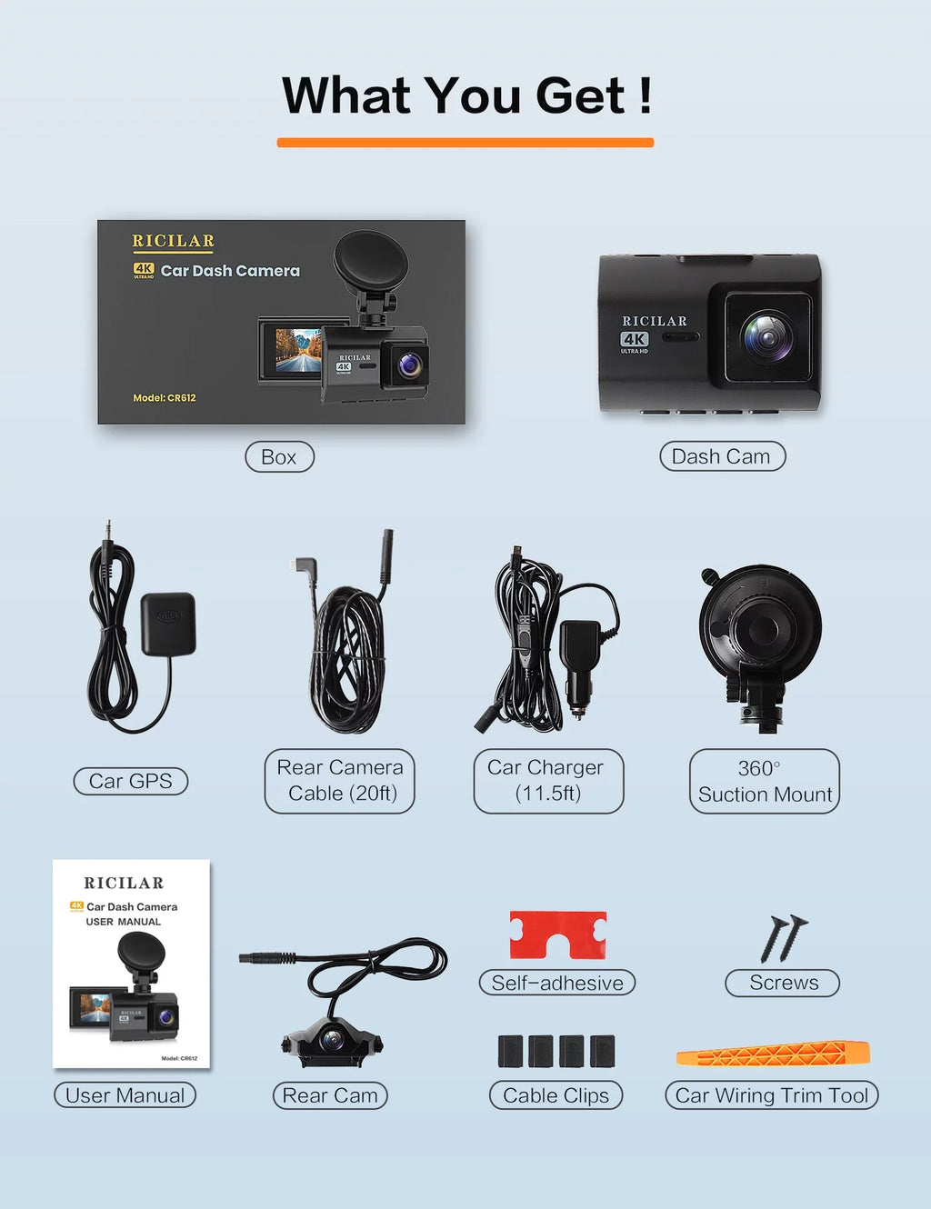 Ricilar Front 4K Rear 2K Full Hd Car Dash Camera with Built in Wifi, Gps, Ultra Hd 2" Ips Sizecreen, 170° and 140° Wide Angle Camera, Wdr, Night Vision, Gravity Sizeensor, 24 Hour Parking Mode