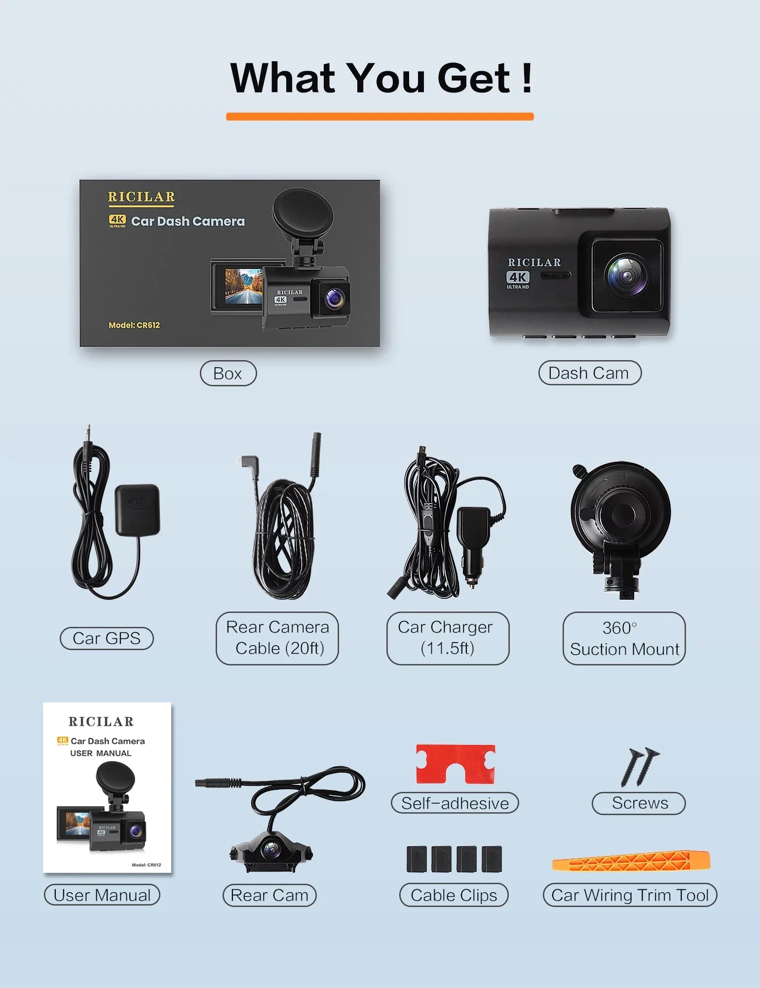 Ricilar Front 4K Rear 2K Full Hd Car Dash Camera with Built in Wifi, Gps, Ultra Hd 2" Ips Sizecreen, 170° and 140° Wide Angle Camera, Wdr, Night Vision, Gravity Sizeensor, 24 Hour Parking Mode