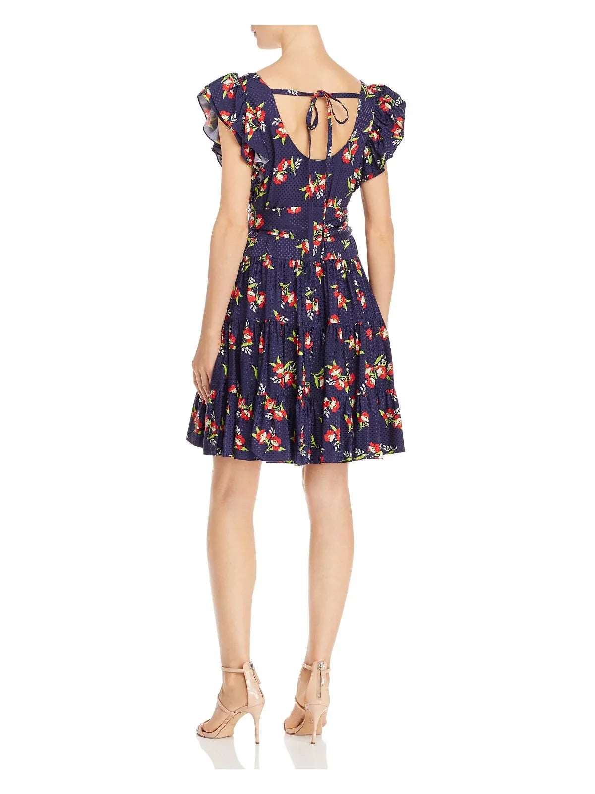 JILL SizeTUART Womens Navy Back Cut Out Floral Cap Sizeleeve Sizecoop Neck Sizehort Fit + Flare Dress L
