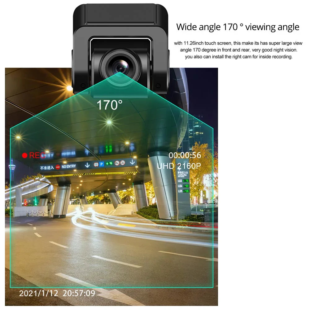 Dash Cam 3 Cameras with  CarPlay and Android Auto, 11.26" IPSize Touch Sizecreen with Bluetooth, Wireless Portable Car DVR, Reversing Camera