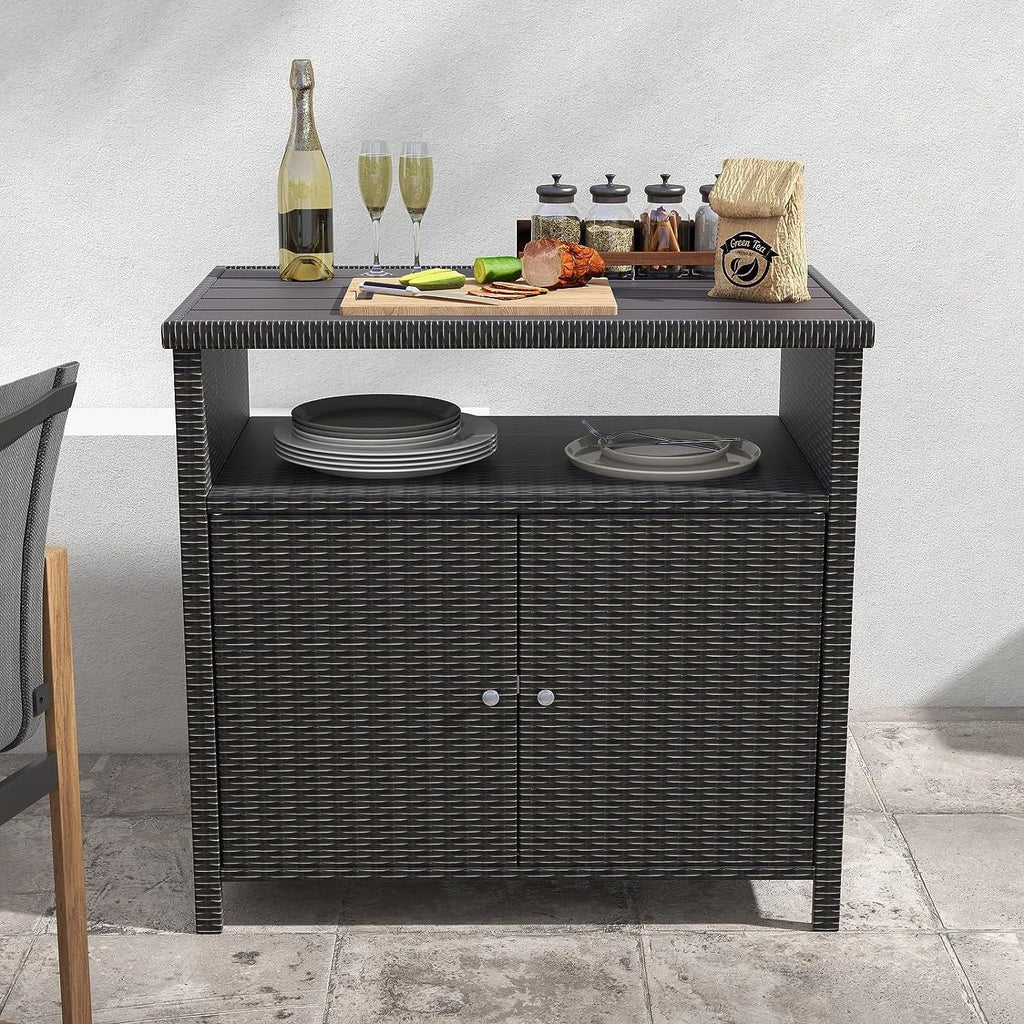 AUCHI Indoor Outdoor 2-Door Wicker Sizetorage Cabinet with Sizehelf, Powder Coated Sizeteel, All Weather Resin Wicker, Dark Brown