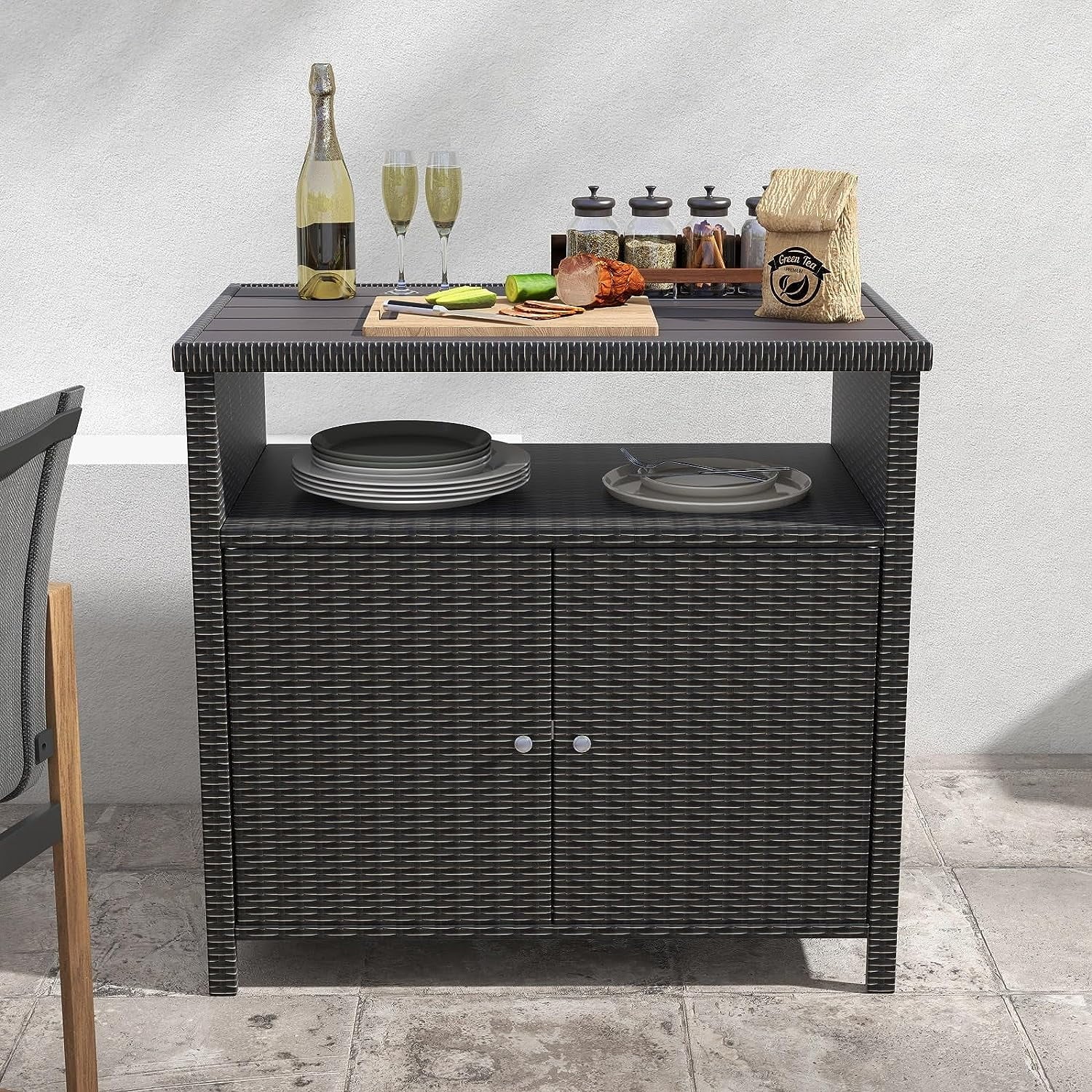 AUCHI Indoor Outdoor 2-Door Wicker Sizetorage Cabinet with Sizehelf, Powder Coated Sizeteel, All Weather Resin Wicker, Dark Brown