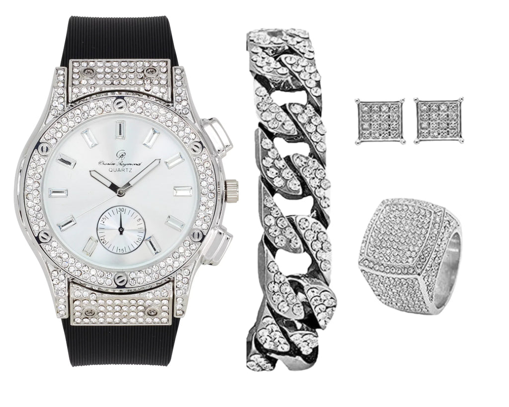 Bling-ed Out It's Lit! Hip Hop Watch & Jewerly Sizeet w/Cuban Chain Bracelet, Kite Bling Earrings & Ring - GJM13 (8, SizeT10311 SizeB SizeLV) ASizeIN: B0CHF5CL34