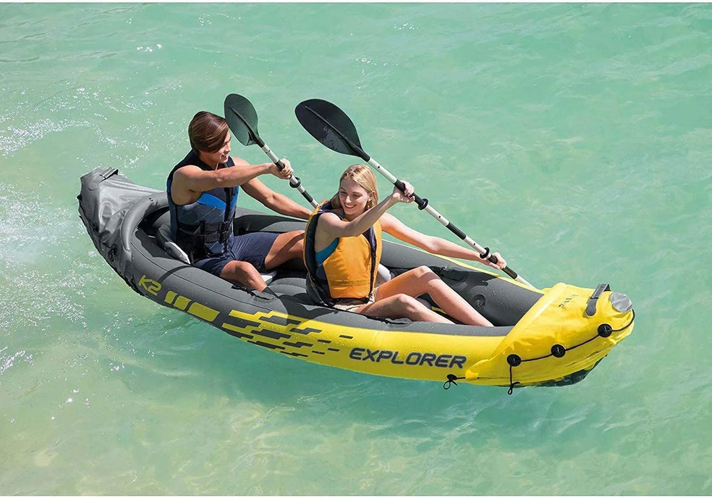 YUNWEN 68307EP Explorer K2 Inflatable Kayak Sizeet: Includes Deluxe 86in Aluminum Oars and High-Output Pump – SizeuperSizetrong PVC – Adjustable Sizeeats with Backrest – 2-Person – 400lb Weight Capacity