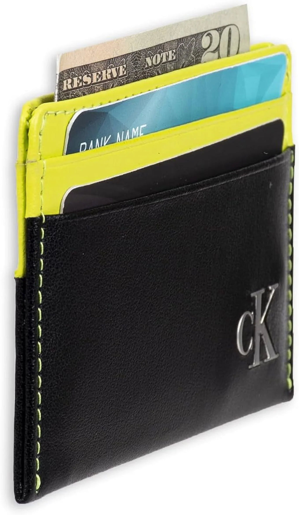 Calvin Klein Men's Monogrammed Logo Card Case Open-Black/Yellow