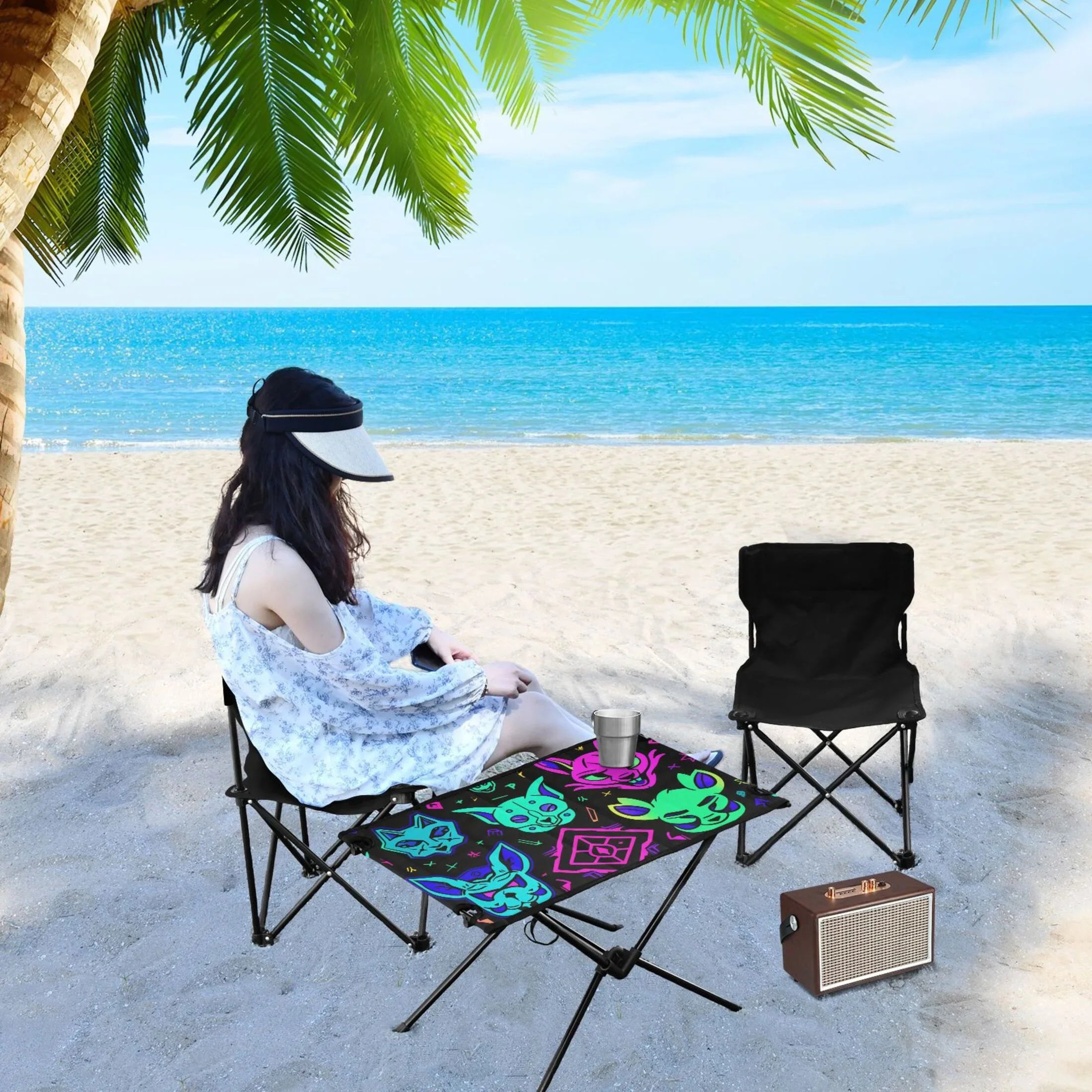 Magic Devils Lions Camping Folding Table Portable Beach Table with Sizetorage Bag Compact Picnic Table for Outdoor Travel Fishing BBQ