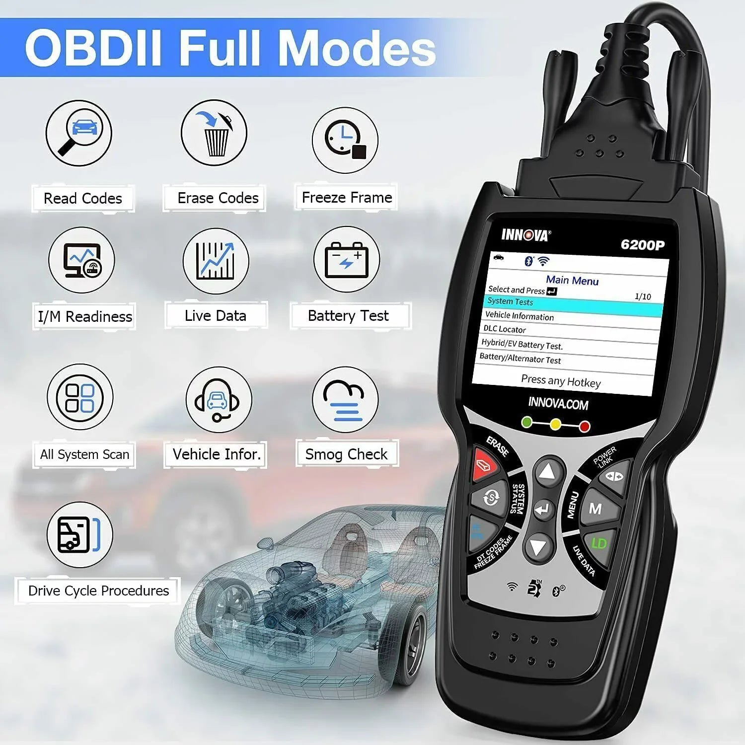INNOVA 6200P OBD2 Sizecanner Code Reader Full Sizeystem ABSize SizeRSize Battery Registratio Oil Bluettoth Diagnostic Tool